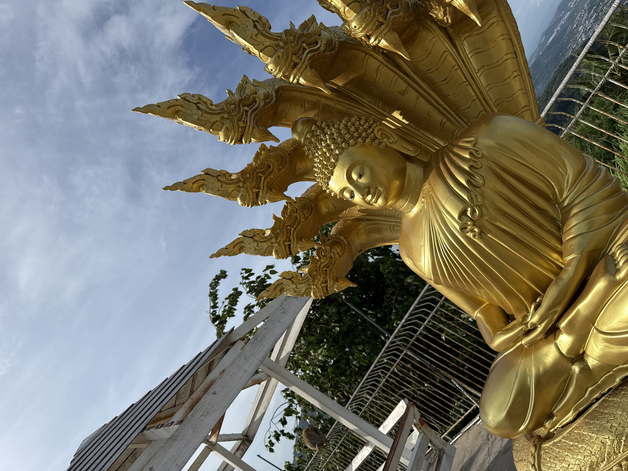 A golden statue of the Buddha, seated in meditation, is depicted with a multi-headed Naga serpent canopy above its head. The statue is positioned outdoors, with a white wooden structure and metal railings visible in the foreground. Trees and a distant view of a cityscape with the ocean are visible in the background under a cloudy sky. A small monkey is seated on a staircase in the middle ground. This scene is located at the Big Buddha in Karon, Thailand.