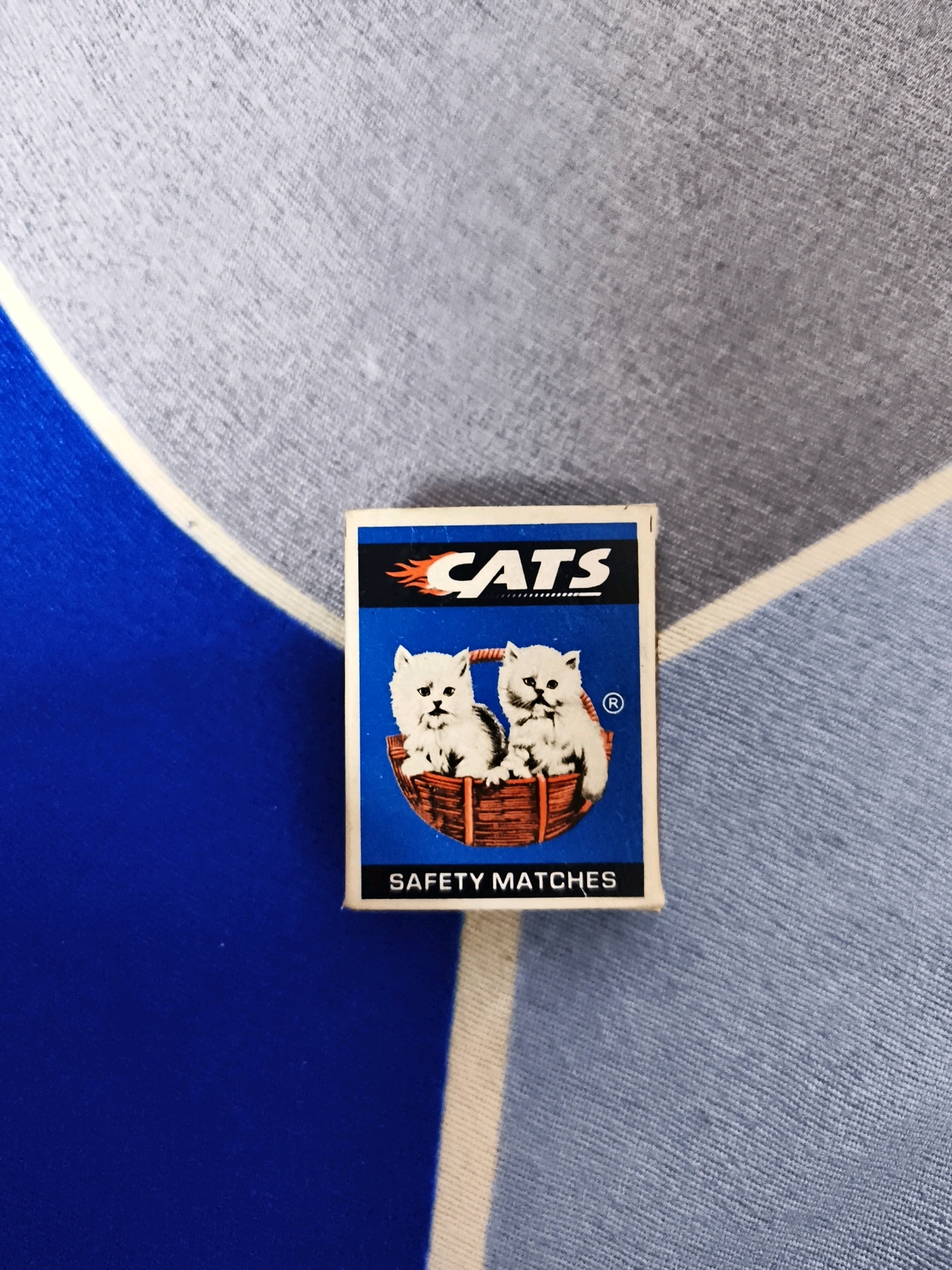 A close-up, overhead shot shows a small, blue matchbox with the word "CATS" in white letters across the top. Below the text are two white kittens in a woven basket. The matchbox is positioned on a fabric surface with a pattern of wide blue and grey stripes. There is no discernible information about the location of Coimbatore, India, in the image.
