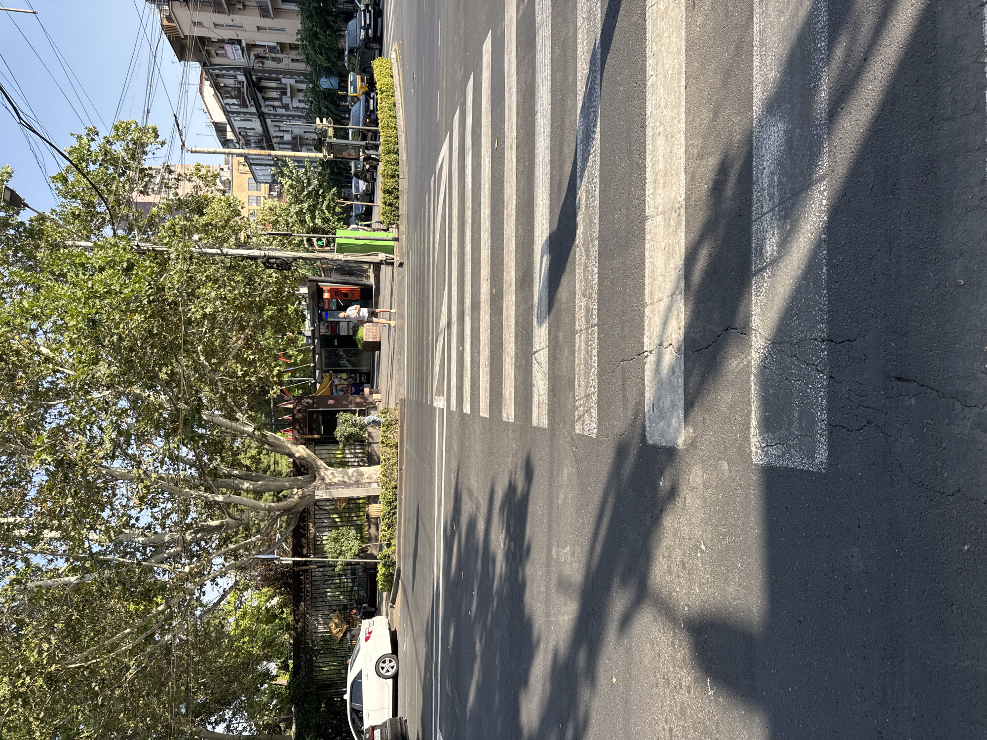 A street scene in Yerevan, Armenia, features a pedestrian crosswalk with distinct white stripes painted on the asphalt. The crosswalk is bathed in sunlight, casting long shadows from trees onto the road. In the background, a white car is parked, and beyond that, several buildings of varying architectural styles line the street. A traffic light is visible, showing a green signal, and several other cars are present on the road. A person is walking on the sidewalk, near a bus stop structure. The environment is urban, with trees, power lines, and sidewalks contributing to the cityscape.