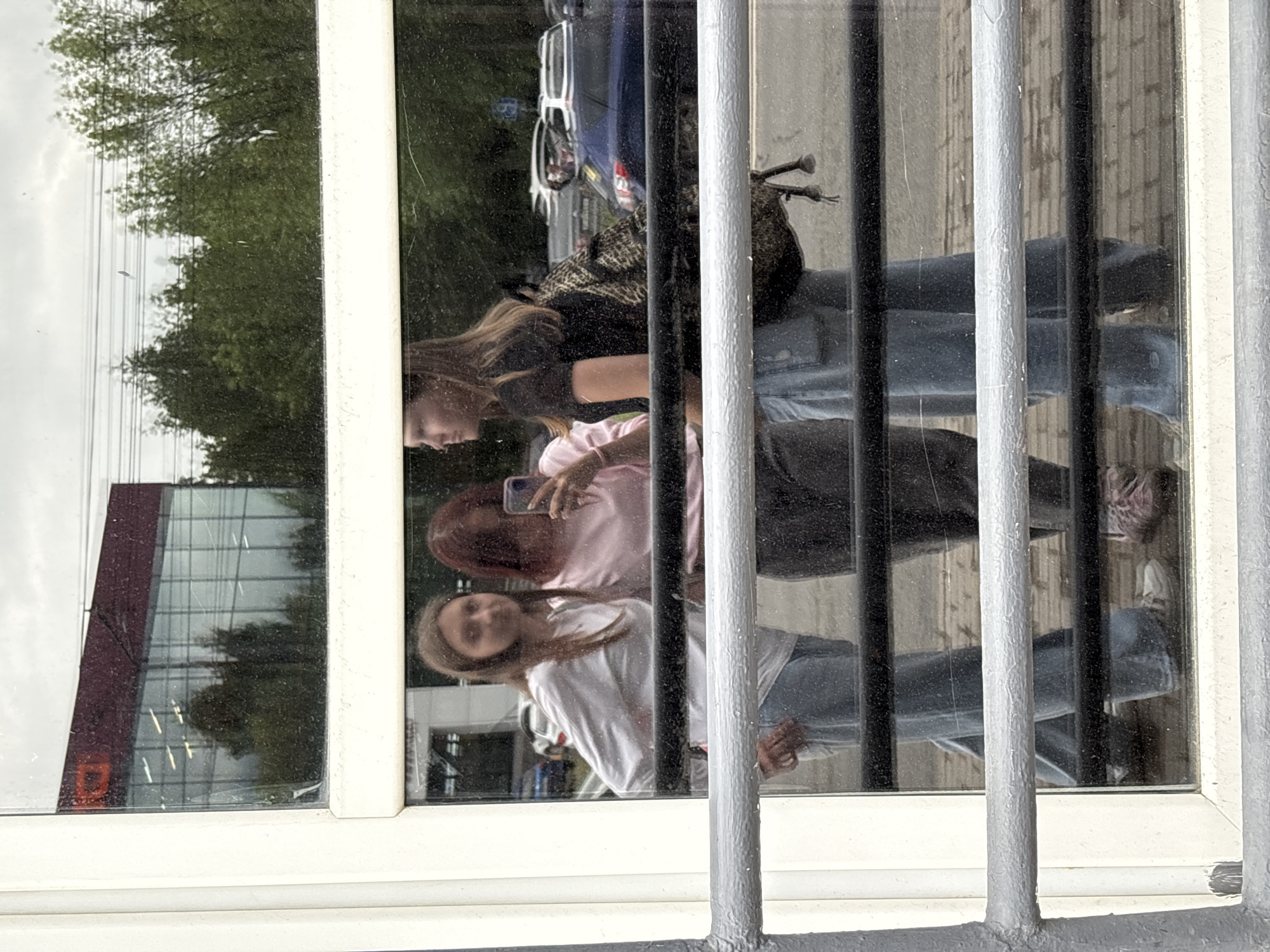 In Izhevsk, Russia, three young females are captured in a reflection on a glass pane, likely a window or shopfront. They are standing in front of a building with a modern facade featuring large glass windows and a red section. Behind them, the reflection shows trees and a cloudy sky.
The female on the left has long brown hair and is wearing a white long-sleeved shirt and blue jeans. She is looking directly at the camera and holding her left hand on her hip.
The female in the center has reddish-brown hair and is wearing a pink t-shirt and dark trousers. She is holding a smartphone in her right hand, seemingly taking the picture. Her gaze is directed towards the phone.
The female on the right has long blonde hair and is wearing a black t-shirt and blue jeans. She is carrying a leopard-print backpack. She is looking to her left, away from the camera.
The lower part of the image shows a metal railing in the foreground, partially obscuring the reflections of the individuals' lower bodies and legs. The ground visible in the reflection appears to be paved. In the background of the reflection, several cars are parked, including a blue sedan. The overall scene suggests a casual outdoor setting in an urban environment.