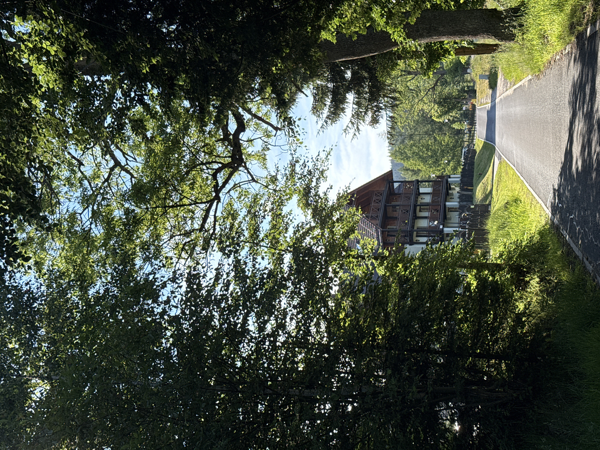 The image depicts a paved road winding through a lush green environment. The road is bordered by vibrant grass and mature trees that create a canopy over parts of the scene. On the left side of the road, a multi-story building with a traditional wooden facade and balconies is visible, suggesting a lodge or hotel. A black metal fence runs along the property line. Further down the road, more trees and a hint of a hilly landscape are present. The sky is a bright blue with scattered clouds. The overall impression is a tranquil, natural setting. This scene is characteristic of the mountain resort town of Szklarska Poręba, Poland, known for its scenic beauty and wooded areas.