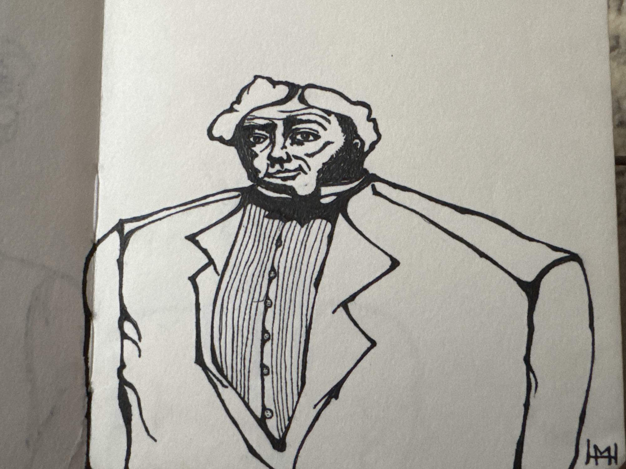 This media file features a black and white hand-drawn illustration of a man, depicted from the chest up. The drawing is characterized by bold, thick lines and some hatching for shading and texture.
The subject is an individual who appears to be middle-aged or elderly, with a somewhat serious or neutral expression. He has a roundish face, prominent eyebrows, and visible lines on his forehead and around his eyes, suggesting wrinkles. He is wearing a distinctive, soft cap or hat that covers the top of his head and parts of his ears. His attire includes a formal-looking suit jacket with broad lapels, worn over a vertically striped shirt. Several buttons are visible down the center placket of the shirt. The man's shoulders are drawn with an exaggerated width, contributing to a somewhat robust or caricatured physique.
The illustration is static, showing no specific activity other than a portrait-like depiction. The background is plain and light-colored, suggesting white or off-white paper, possibly from a sketchbook given the visible crease or binding on the left edge of the image. The texture of the paper is subtly visible throughout.
A notable detail is the artist's signature or monogram, consisting of stylized intertwined letters, possibly "LM" or "IMI", located in the bottom right corner of the drawing. No other text is visible. The overall impression is that of a character study or an expressive portrait executed with ink or a similar black drawing medium.