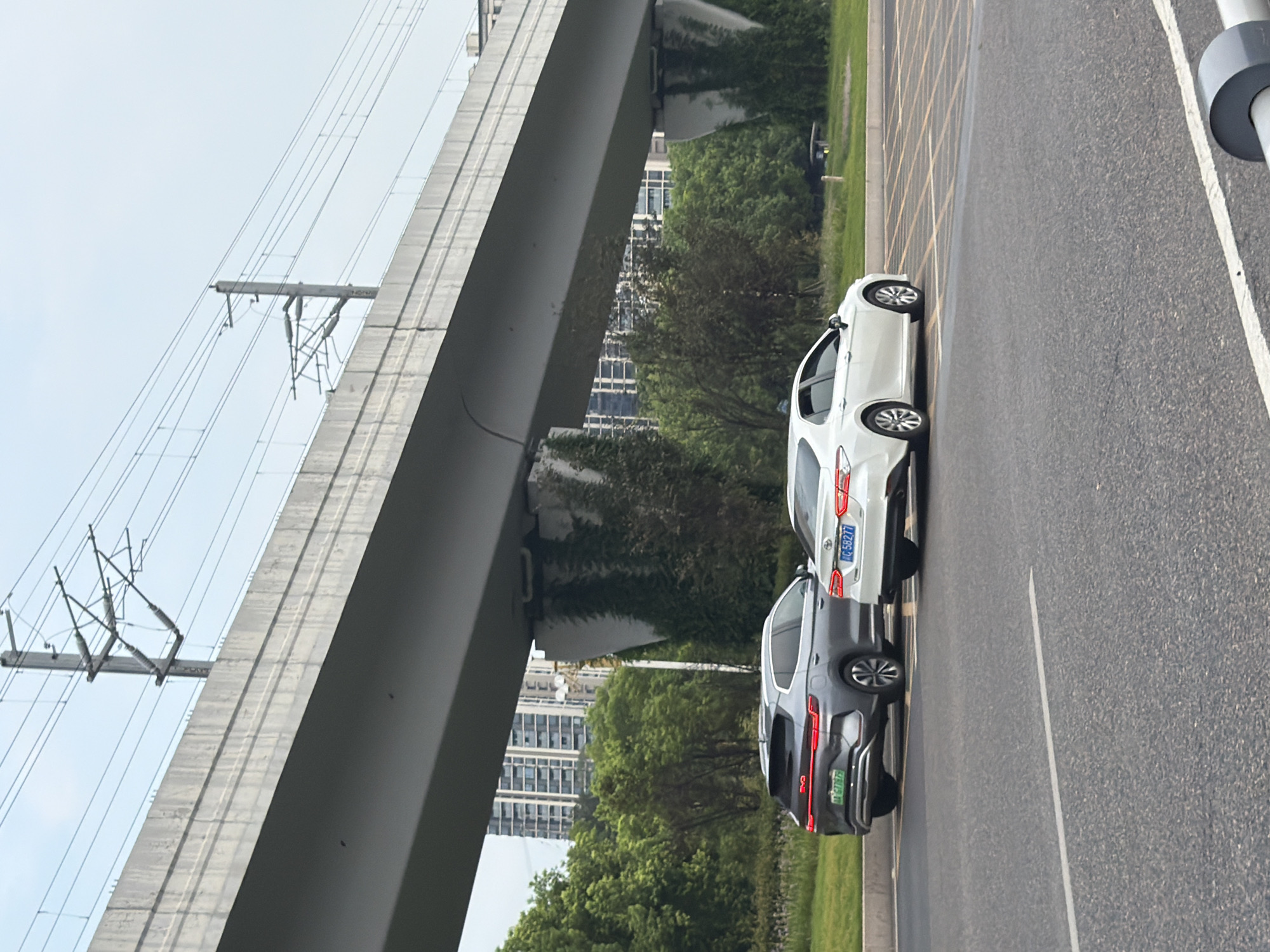 In Jiangjin, China, two cars, a silver BYD SUV and a white Toyota sedan, are parked on a road beneath an elevated highway. The BYD SUV, with license plate "AA G77879", is on the left. The Toyota sedan, with license plate "C 58277", is on the right. Behind the cars, trees and apartment buildings are visible. The sky is overcast. The elevated highway has visible power lines supported by poles.