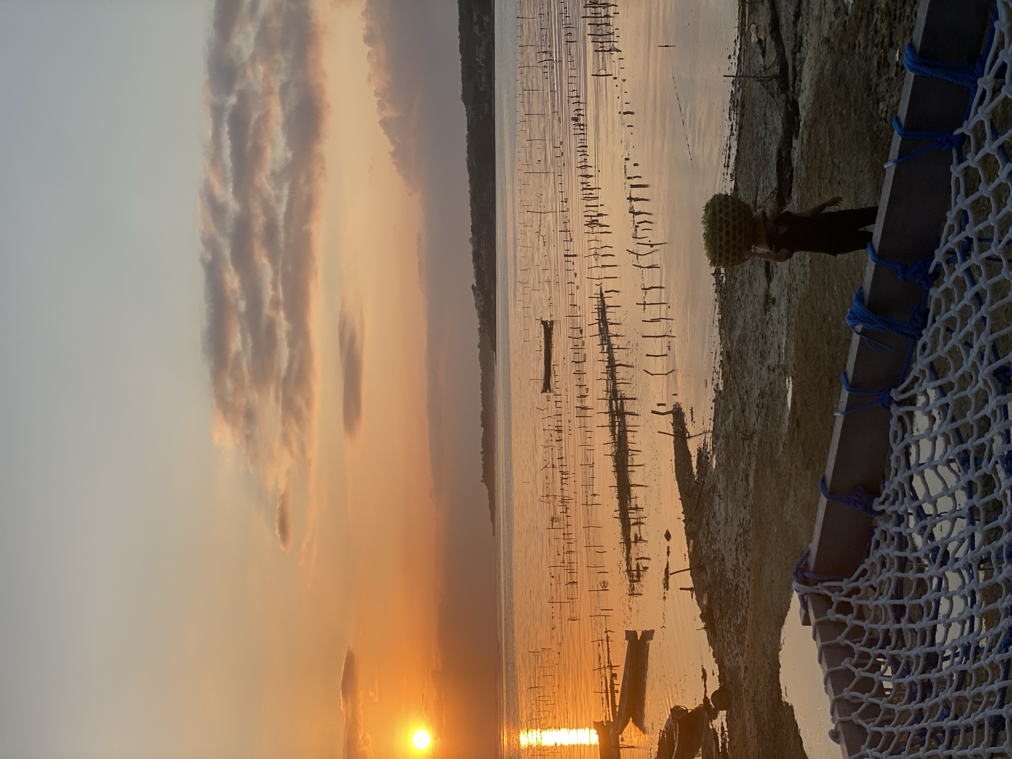 The image depicts a scenic view of a body of water with a person carrying a large, basket-like object on their head. The scene appears to be a coastal area, possibly an oyster farm or aquaculture site, with numerous wooden poles protruding from the water, arranged in rows. The water is calm, reflecting the warm hues of the sunset.
The time of day is sunset, indicated by the soft, golden light bathing the scene and the warm tones in the clouds. The weather appears clear with scattered clouds. The person is walking on a muddy or sandy shoreline, and the perspective suggests they are moving away from the viewer or along the water's edge. The object on their head is spherical and appears to be made of woven material, possibly containing harvested goods.
In the foreground, a wooden structure with blue netting is visible, suggesting a platform or a viewing area. The overall mood is serene and peaceful, enhanced by the natural beauty of the sunset over the water and the silhouette of the distant land. The location context is identified as Nusa Penida, Indonesia, which aligns with the tropical sunset and coastal landscape. There is no visible text in the image.