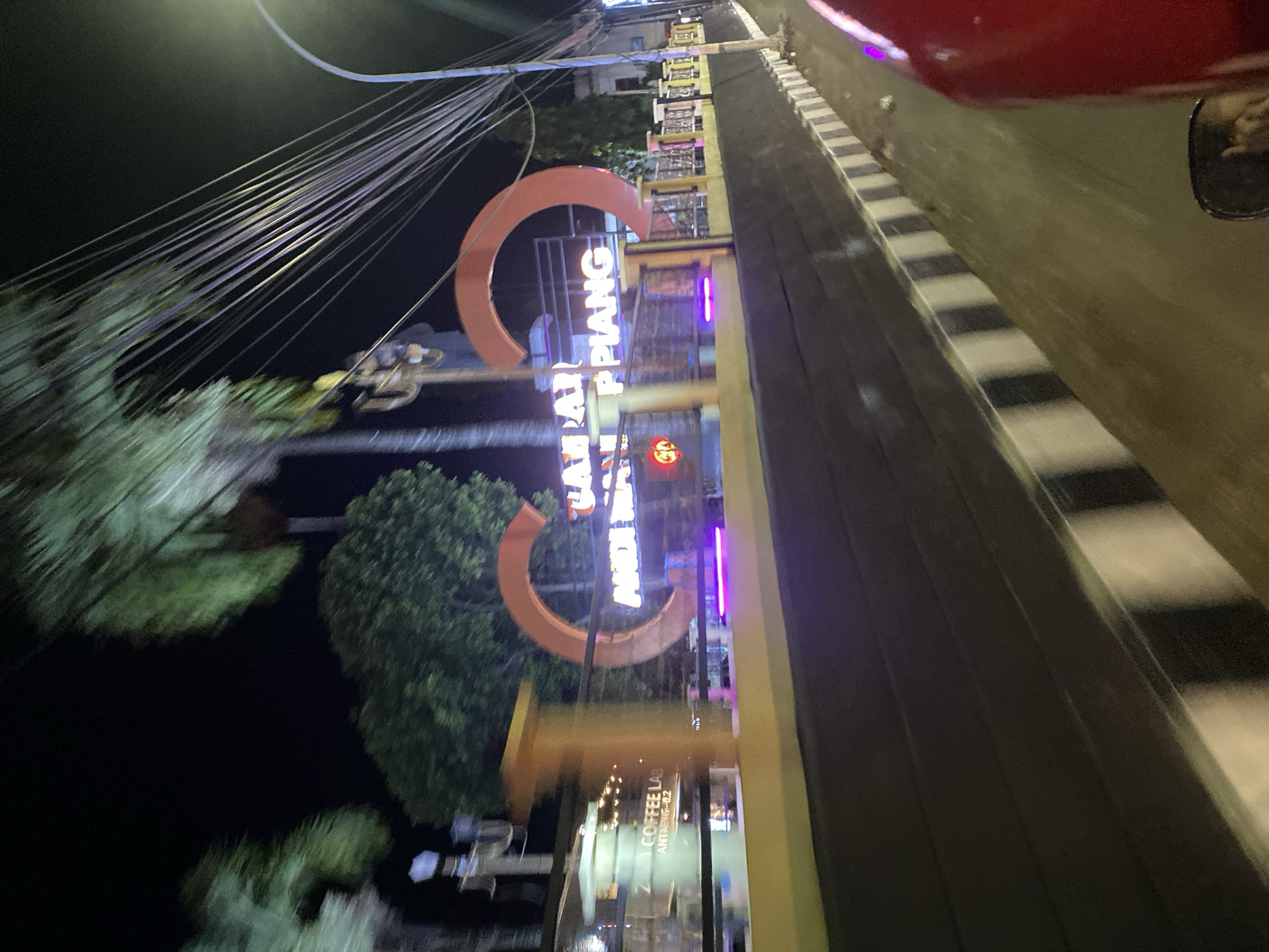 The image captures a nighttime street scene in Bantaeng, Indonesia, featuring a prominent illuminated landmark with "TUAN DAENG PING" written in neon lights. The landmark consists of large orange circular shapes and a vertical orange structure, with purple lights illuminating the base. To the left of the landmark, a building with the sign "ZOOM COFFEE LAB" and "ANTHEM:0.2" is visible, also adorned with string lights. Palm trees and other foliage are present in the background, some appearing blurry due to motion. Overhead, a dense network of electrical wires stretches across the frame. The foreground shows a road with black and white striped barriers and the red exterior of a vehicle, suggesting the photo was taken from a moving vehicle. The environment appears to be urban, with street lighting and signs indicating a commercial area.