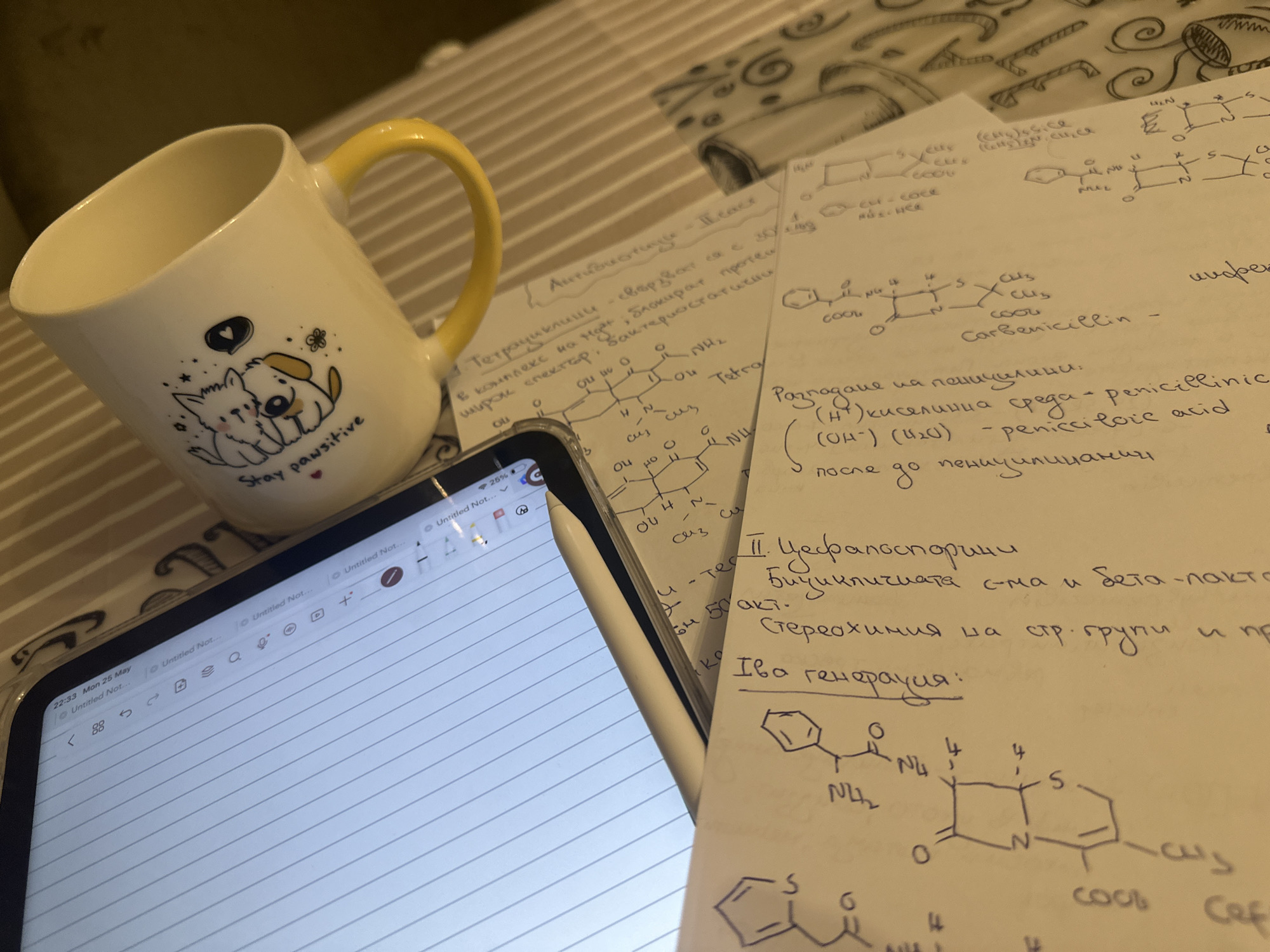 The image shows a desk cluttered with study materials. A white mug with a yellow handle, decorated with a cartoon drawing of two animals and the text "Stay pawsitive," sits on the left side of the frame. Beside the mug, there is a tablet displaying a note-taking app with blank, lined paper. Several pages of handwritten notes are scattered on the right side of the desk, filled with chemical structures and text in Bulgarian, suggesting the subject matter is chemistry or biochemistry. The writing refers to "Тетрациклини," "Carbenicillin," "пеницилини," and "Цефалоспорини," indicating the notes are related to antibiotics. The background appears to be a patterned surface, possibly a tablecloth or placemat. The time displayed on the tablet is 22:33 on Monday, May 25th. There is no indication of the location being Sofia, Bulgaria, or any people in the image.
