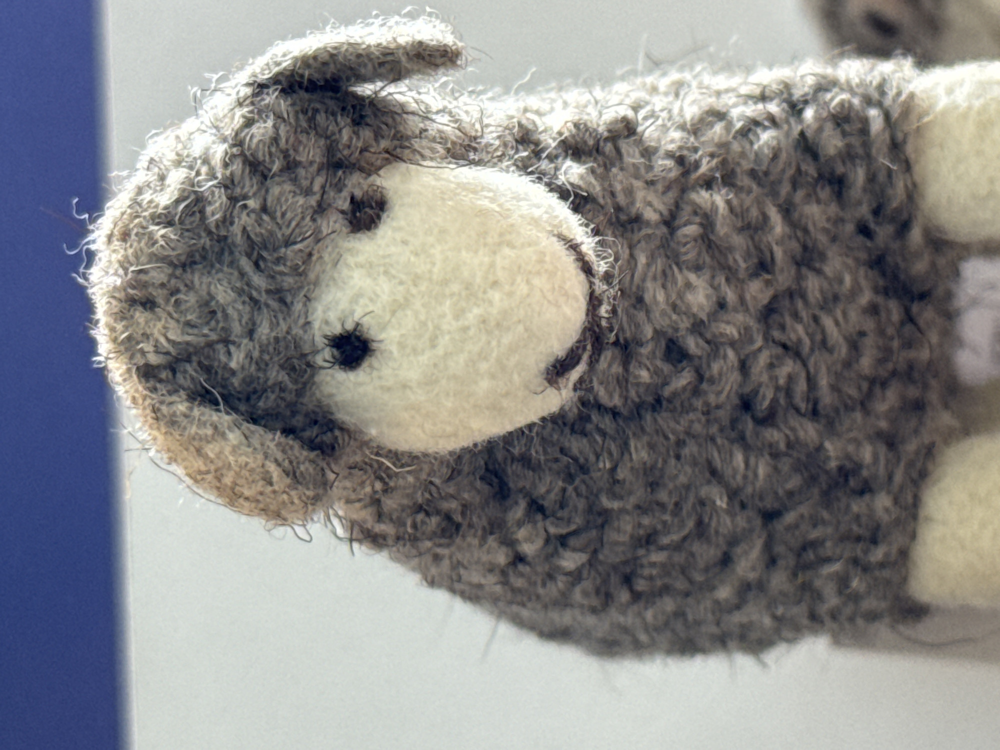 A close-up shot depicts a stuffed toy resembling a sheep, likely made from wool or a similar textured material. The toy features a primarily gray, curly "wool" body with a contrasting white face. The sheep has a dark button-like eye and a hint of a dark mouth. The background is blurred, with hints of blue and white, providing no concrete information about the location. It is not possible to determine the location is in Кашат, Kyrgyzstan.