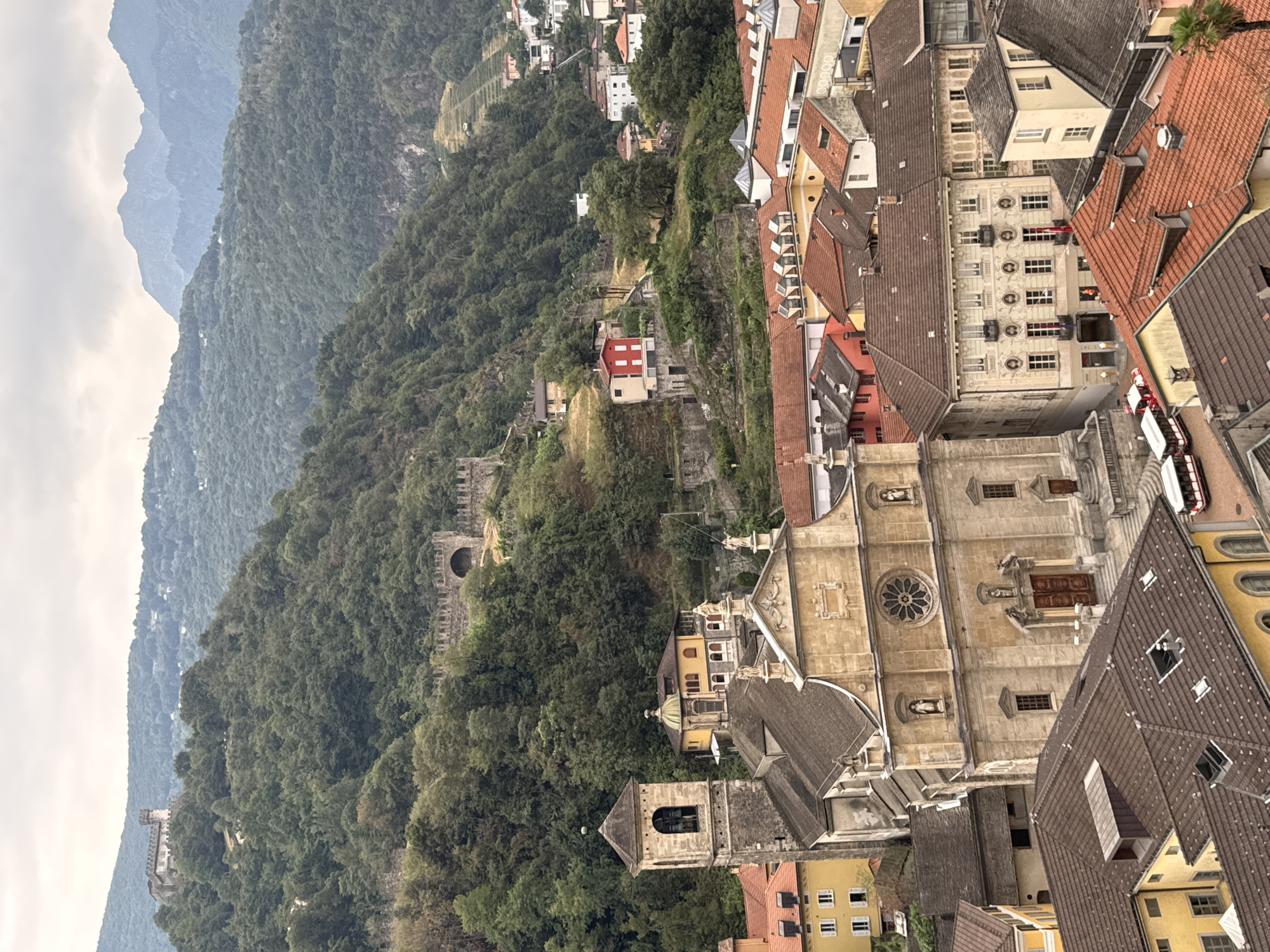 The image shows an aerial view of the city of Bellinzona, Switzerland, with a focus on its historic architecture nestled within a mountainous, forested landscape. Dominating the foreground is a large, tan-colored church with a bell tower to its left. The church features a prominent rose window above its main entrance, flanked by statues. The rooflines of surrounding buildings, in shades of brown and orange tile, create a dense urban texture.
In the middle ground, the forested slopes rise steeply, dotted with buildings of various colors, including red, yellow, and white. Sections of ancient stone walls and arched structures, part of the Castel Grande and the surrounding fortifications, are visible integrated into the hillside. Further up the mountain, a castle with crenellated towers stands prominently against the skyline.
The background reveals layered mountain ranges, their peaks softened by distance and a hazy, overcast sky. Terraced vineyards can be seen on some of the slopes, indicating agricultural activity. The overall scene depicts a historic Swiss city that has preserved its medieval fortifications and cathedral, set against a dramatic natural backdrop. Two small, red and white tourist trains are visible on a street in the lower part of the image. No individuals are clearly discernible.