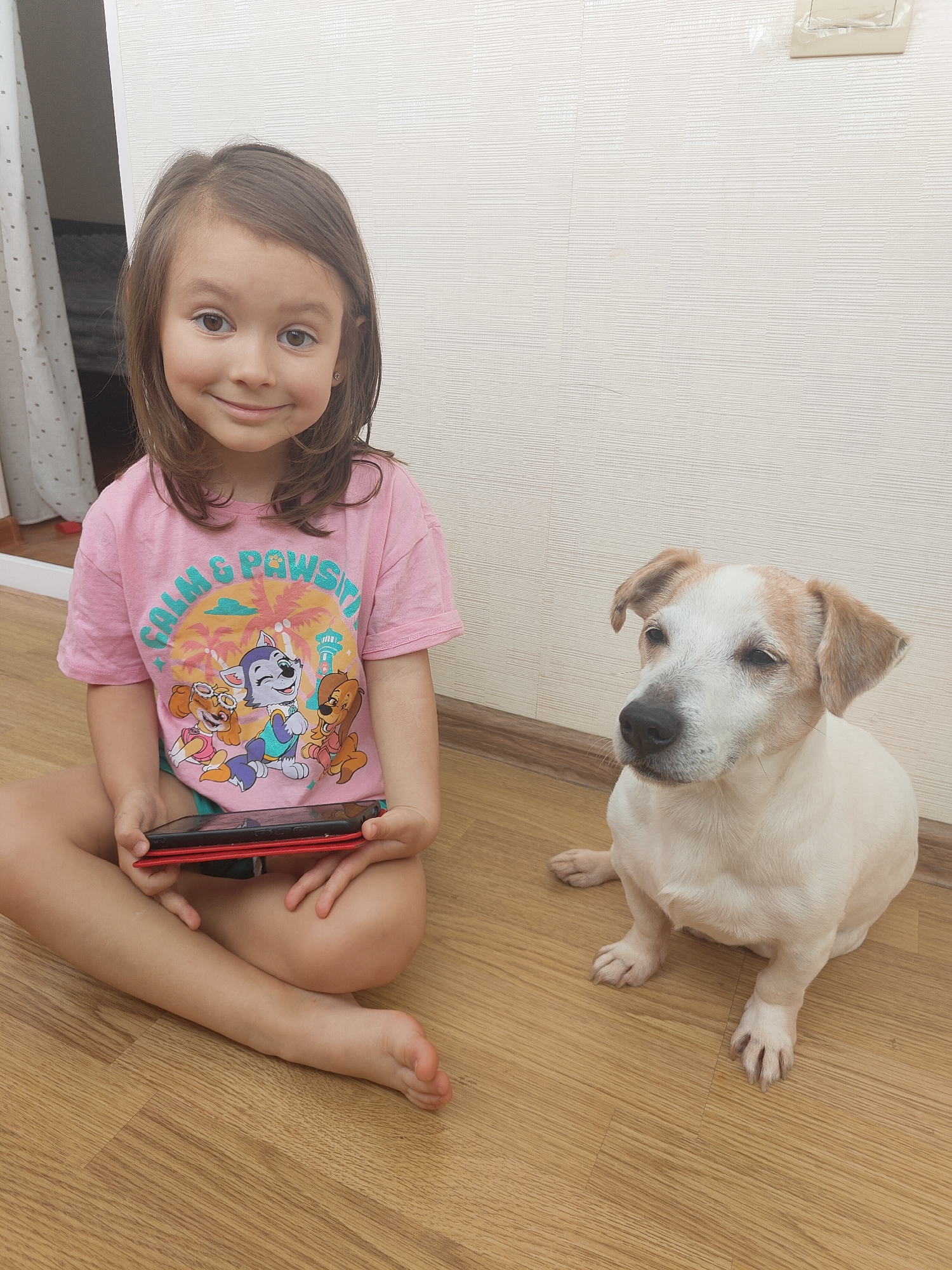 A young girl and a dog are sitting on a wooden floor in an indoor setting. The girl is positioned on the left, sitting cross-legged, facing slightly towards the camera with a gentle smile. She has long, straight brown hair, and is wearing a pink short-sleeved t-shirt with a graphic design. The design features the text "CALM & PAWSITIV" in teal letters, and below it, three cartoon dog characters (resembling Skye, Everest, and Tracker from Paw Patrol) in a tropical setting with palm trees and a lighthouse. She is holding a black and red smartphone or portable gaming device in her hands. She is barefoot.
To the right of the girl, a dog with white and light brown fur is sitting upright. It appears to be a small breed, possibly a Jack Russell Terrier, with brown patches on its head and ears. The dog is looking slightly to its right, away from the camera, with a neutral expression.
The background consists of a light-colored, possibly off-white, textured wall. A light switch or outlet can be seen in the upper right corner of the original image. On the far left, a white curtain with a subtle pattern is visible. The floor is made of light brown wooden planks. The lighting is bright and even, suggesting daytime. Both the girl and the dog appear calm and at ease.