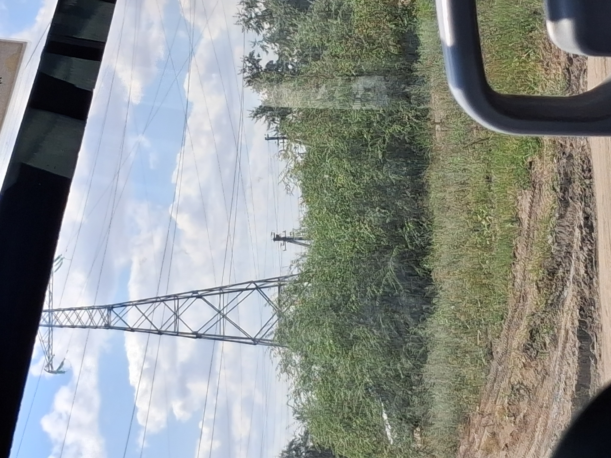 The image captures a landscape scene with a tall, lattice-style power line tower dominating the center-left portion of the frame. The tower is silhouetted against a sky filled with white, fluffy clouds and patches of blue. Multiple power lines extend horizontally across the image from the tower. In the foreground, dense, green foliage forms a thick bush line, obscuring the base of the power tower and extending towards the right edge of the image. Beyond the foliage, the ground appears to be a dirt or gravel surface with visible tire tracks, suggesting it is a path or road. The lighting indicates it is daytime, likely late morning or early afternoon, given the clarity and brightness of the sky. The context suggests this is an outdoor scene, possibly in a rural or semi-industrial area outside of Semey, Kazakhstan, given the power infrastructure. There are no people or animals visible in the image.