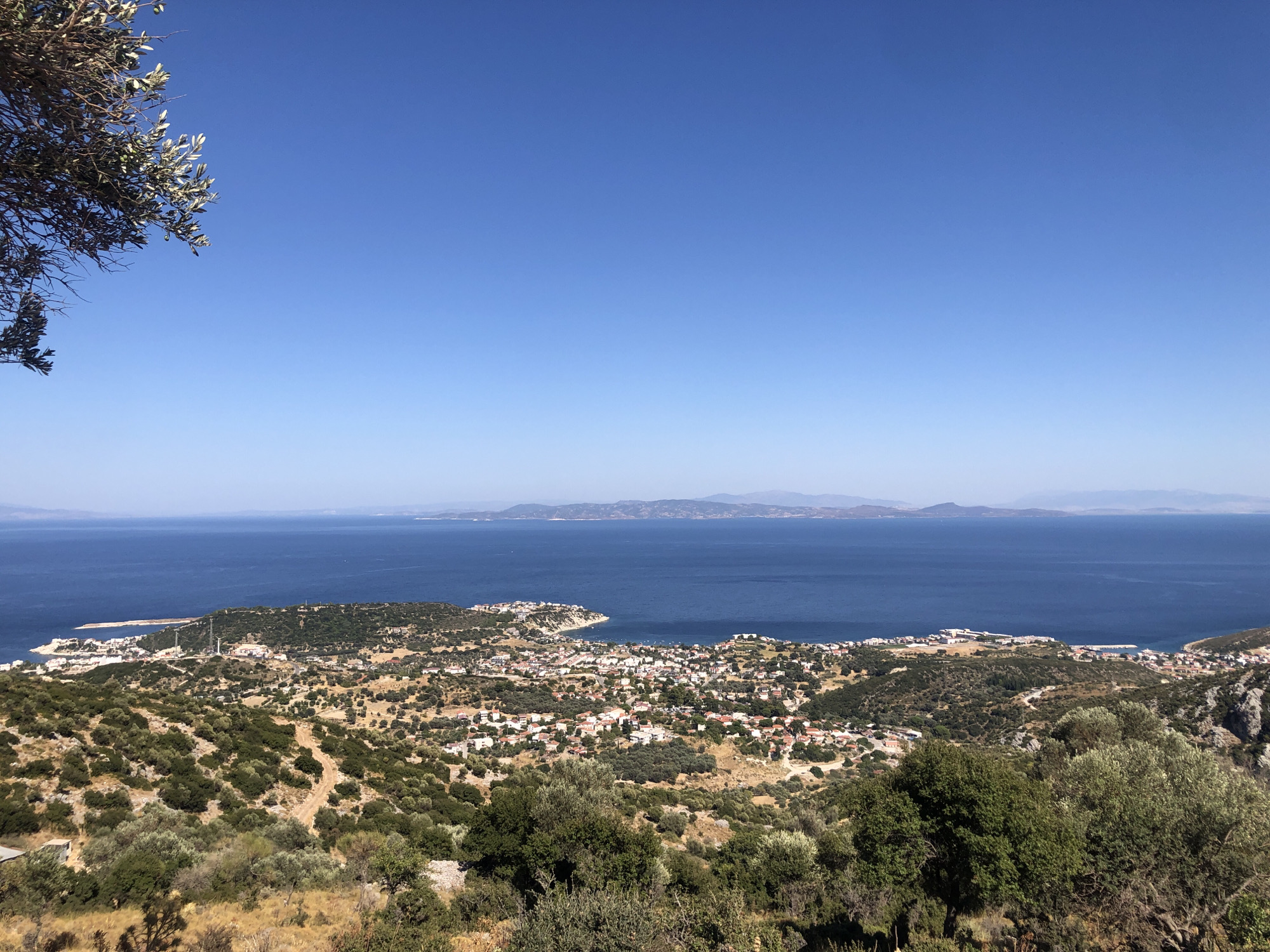 The image is an aerial view of the coastal city of Karaburun, Turkey, under a clear blue sky. In the foreground, dry, yellowed grass and scattered olive trees with dark green foliage cover the undulating terrain. A dirt path winds through the vegetation.
The midground reveals the city, a dense collection of white and red-roofed buildings nestled among green hills. The city is situated along the edge of a deep blue sea, with a breakwater extending into the water on the left side, lined with a few structures. Several telecommunication towers are visible on a prominent hill overlooking the city.
The background features the vast expanse of the sea meeting a hazy, mountainous horizon. The overall scene is a tranquil landscape, showcasing the interplay between nature and urban development in a Mediterranean coastal setting. There are no people or animals visible in the image.