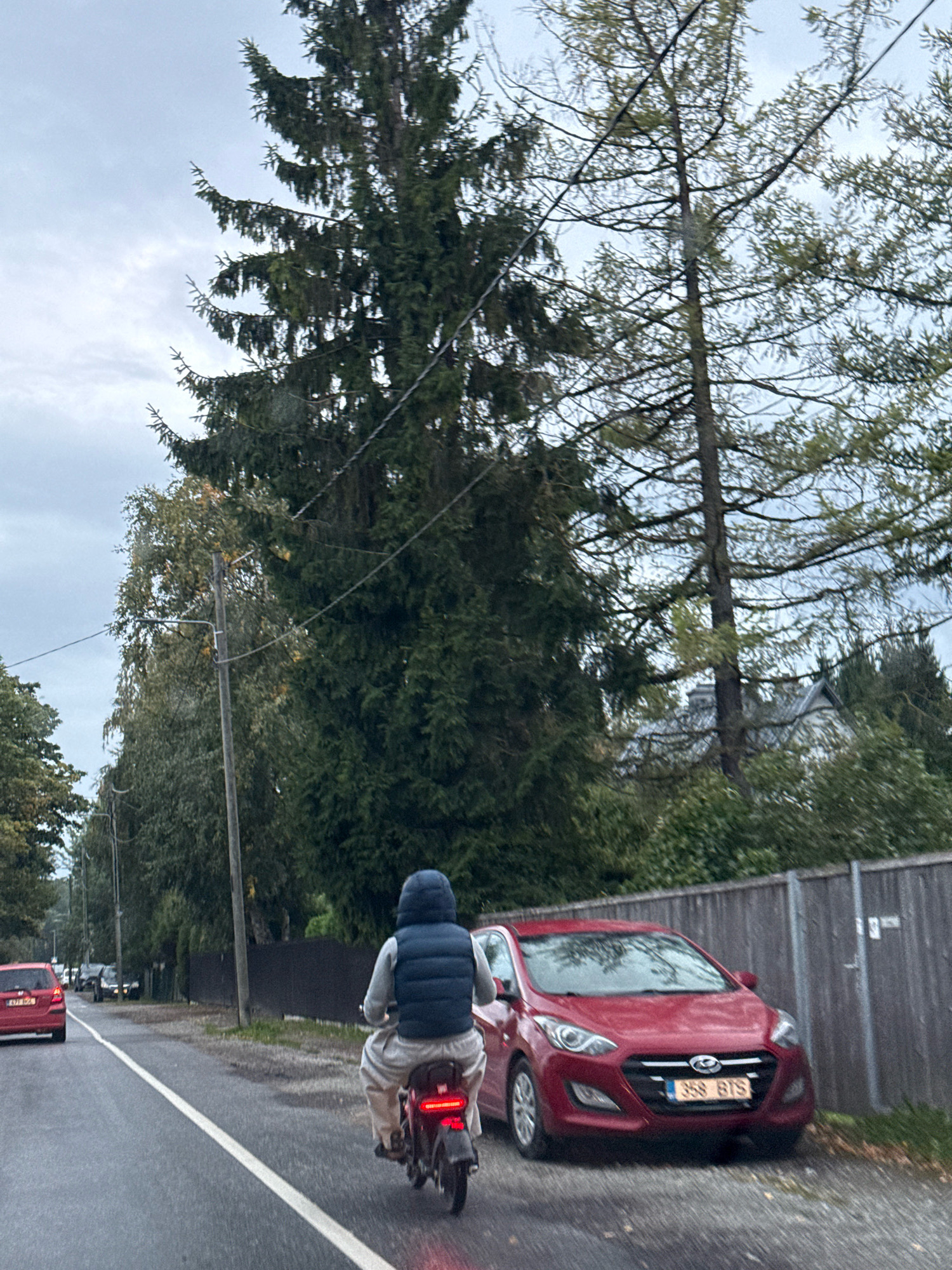 The image depicts a street scene in Tallinn, Estonia, on an overcast day. In the foreground, a person is riding a small red electric scooter or moped, facing away from the camera. The rider is wearing a dark blue puffer vest over a grey hooded sweatshirt and light-colored pants. To the right of the scooter, a red Hyundai i30 is parked next to a wooden fence. The car has a license plate that reads "358 BTS". Further down the street, other cars are visible parked along the side and in motion. Tall evergreen trees and other foliage line the street, with a utility pole and wires present. The road appears wet, suggesting recent rain. The overall atmosphere is subdued due to the cloudy weather.