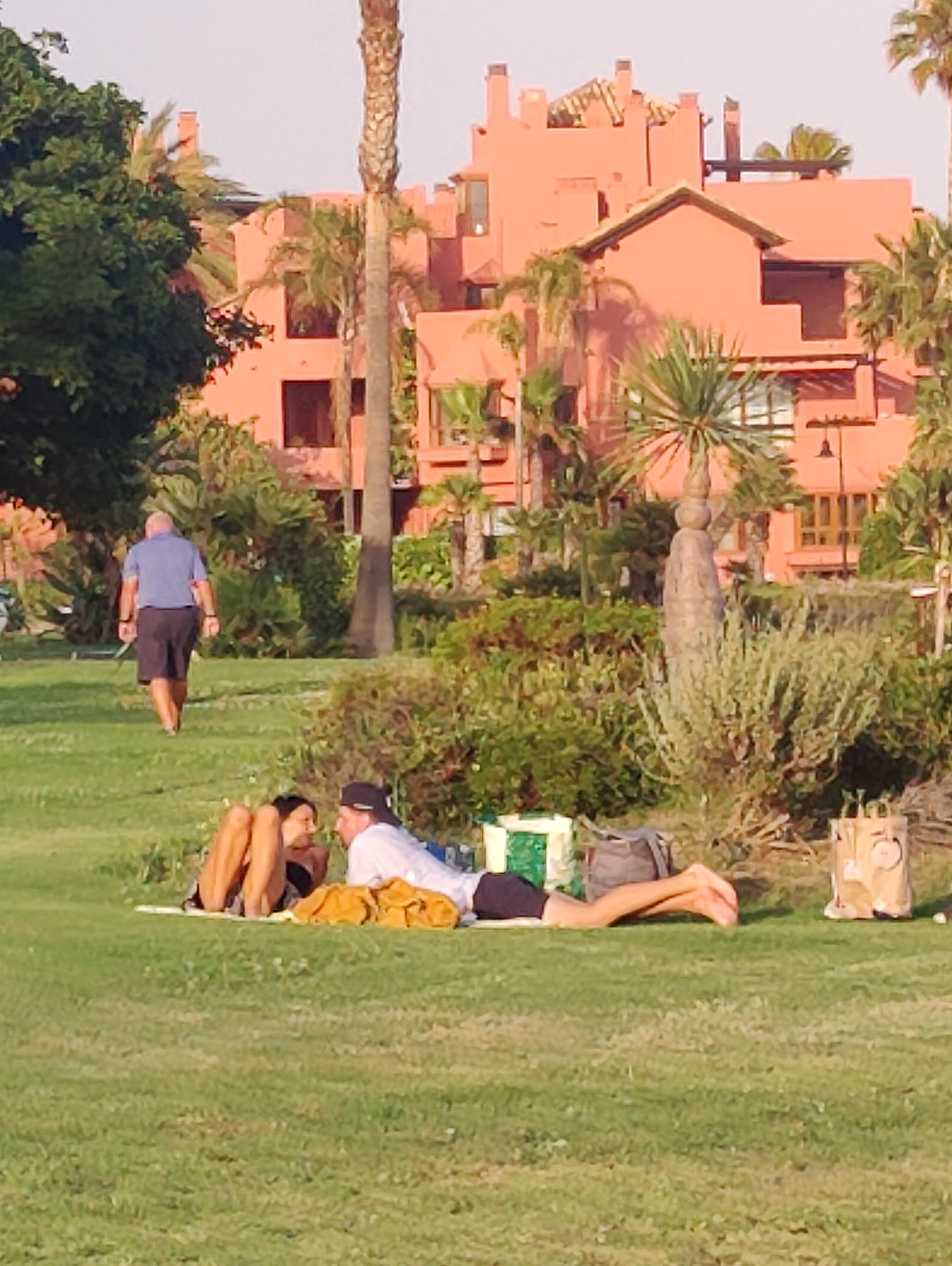 In an outdoor scene set in a grassy area with a background of a large, orange, Mediterranean-style building and palm trees, a man is seen walking away from the camera towards the left. He is wearing a blue collared shirt and dark shorts. In the foreground, two people are lying on the grass on blankets. The person on the left is a woman, wearing a dark swimsuit, and is lying on her side facing the other person. The person on the right is a man, wearing a white shirt and dark shorts, and is lying on his back. They appear to be interacting with each other. Several objects, including bags and what might be a cooler, are scattered on the grass around them. The lighting suggests it is daytime, possibly late afternoon due to the warm tones.