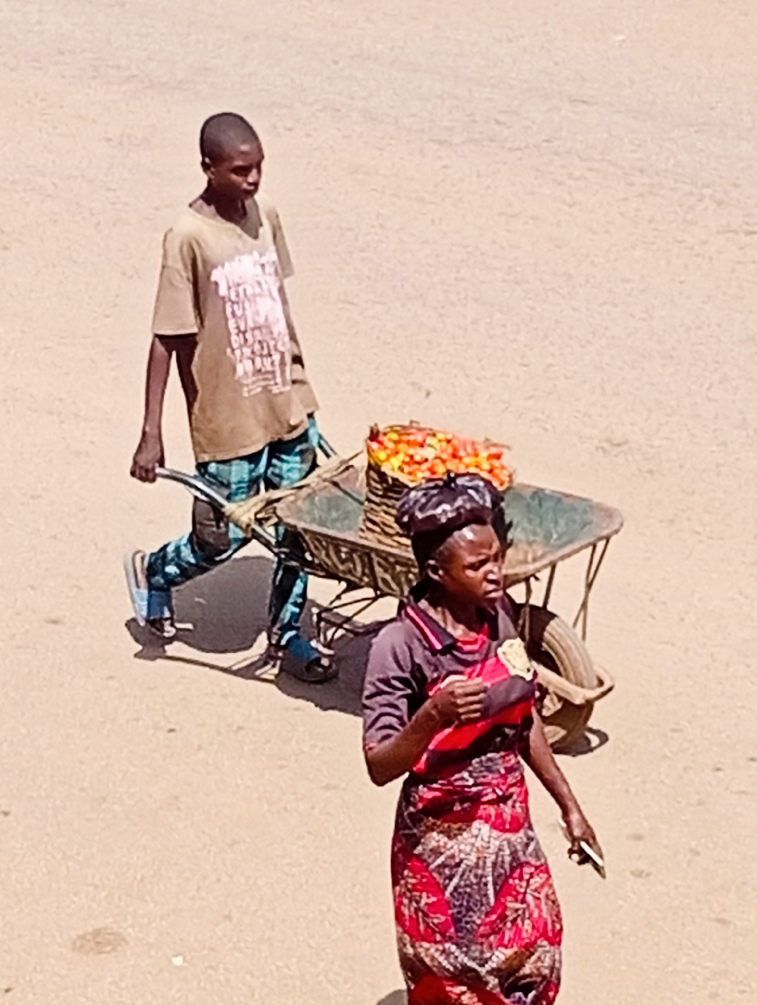 In Bukuru, Nigeria, a young boy with a shaved head and a brown t-shirt walks in a sandy, outdoor environment, pulling a wheelbarrow. The wheelbarrow is laden with a basket overflowing with red tomatoes. Beside the wheelbarrow, a woman in a black and red patterned shirt and a vibrant red and brown patterned skirt walks, holding a white object in her right hand. The ground is a dusty, light brown color.