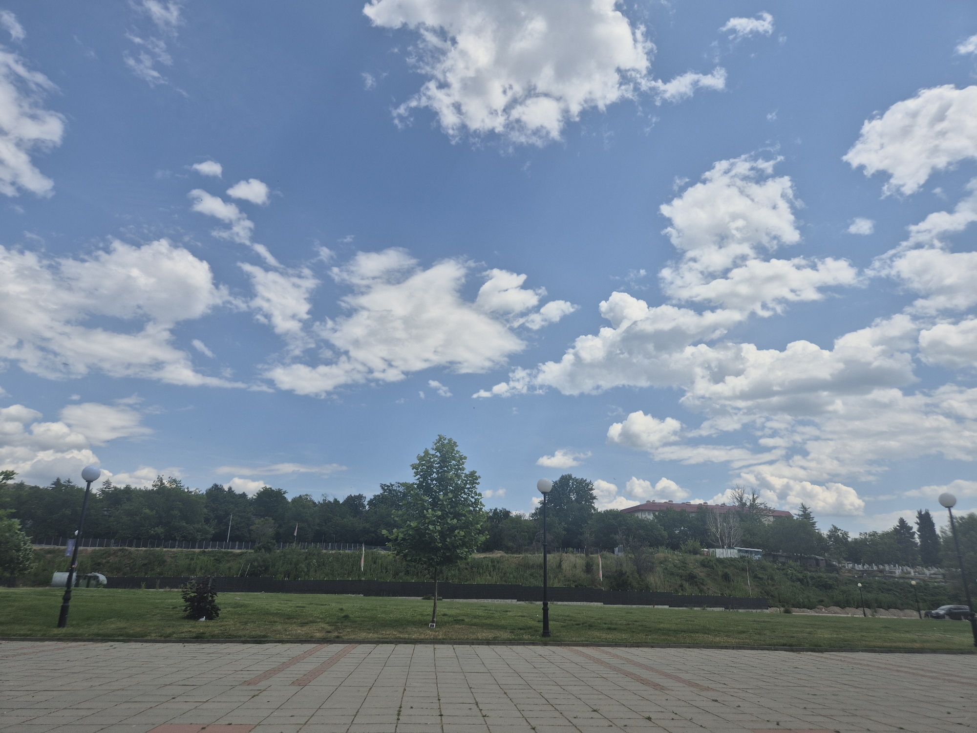 The image shows a daytime scene in an outdoor public space. In the foreground is a paved area composed of gray concrete pavers with reddish-brown lines marking sections. Beyond this is a grassy area with a tree positioned centrally. Scattered bushes and small plants are visible on the grass. Behind the grass is a treeline, and a building with a red roof is visible amongst the trees. Lamp posts are spaced along the edge of the grassy area. The sky is blue with numerous white cumulus clouds. There are no people visible in the scene. The image is located in Blagoevgrad, Bulgaria.