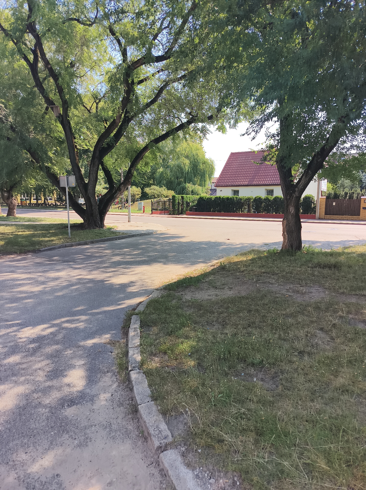 The image depicts a street scene in a residential area, likely in Białystok, Poland, based on the visual cues. In the foreground, a paved road curves to the left, bordered by a grassy verge and a concrete curb. Large trees with dense green foliage cast dappled shadows across the road. In the middle ground, a white house with a red tile roof is visible, set back from the road behind a hedge and fence. A street sign is present near the large tree on the left. The background shows more greenery, including a weeping willow tree, and another fence. The overall scene suggests a quiet, suburban environment on a clear, sunny day. No people are visible in the image.