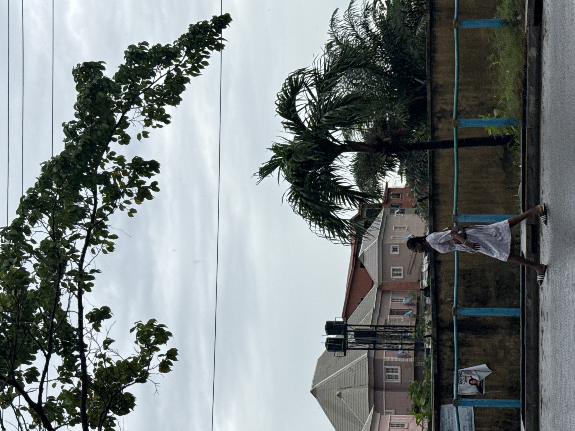 A street scene in Ado, Nigeria, is depicted on a cloudy day. A black woman in a white dress is walking on a concrete sidewalk that runs along a low wall painted with blue accents on green railings. Behind the wall is a multi-story residential building in pastel colors. Electrical wires run parallel to the street. A palm tree and a tree with green foliage provide partial coverage of the sky. A poster is affixed to the wall.