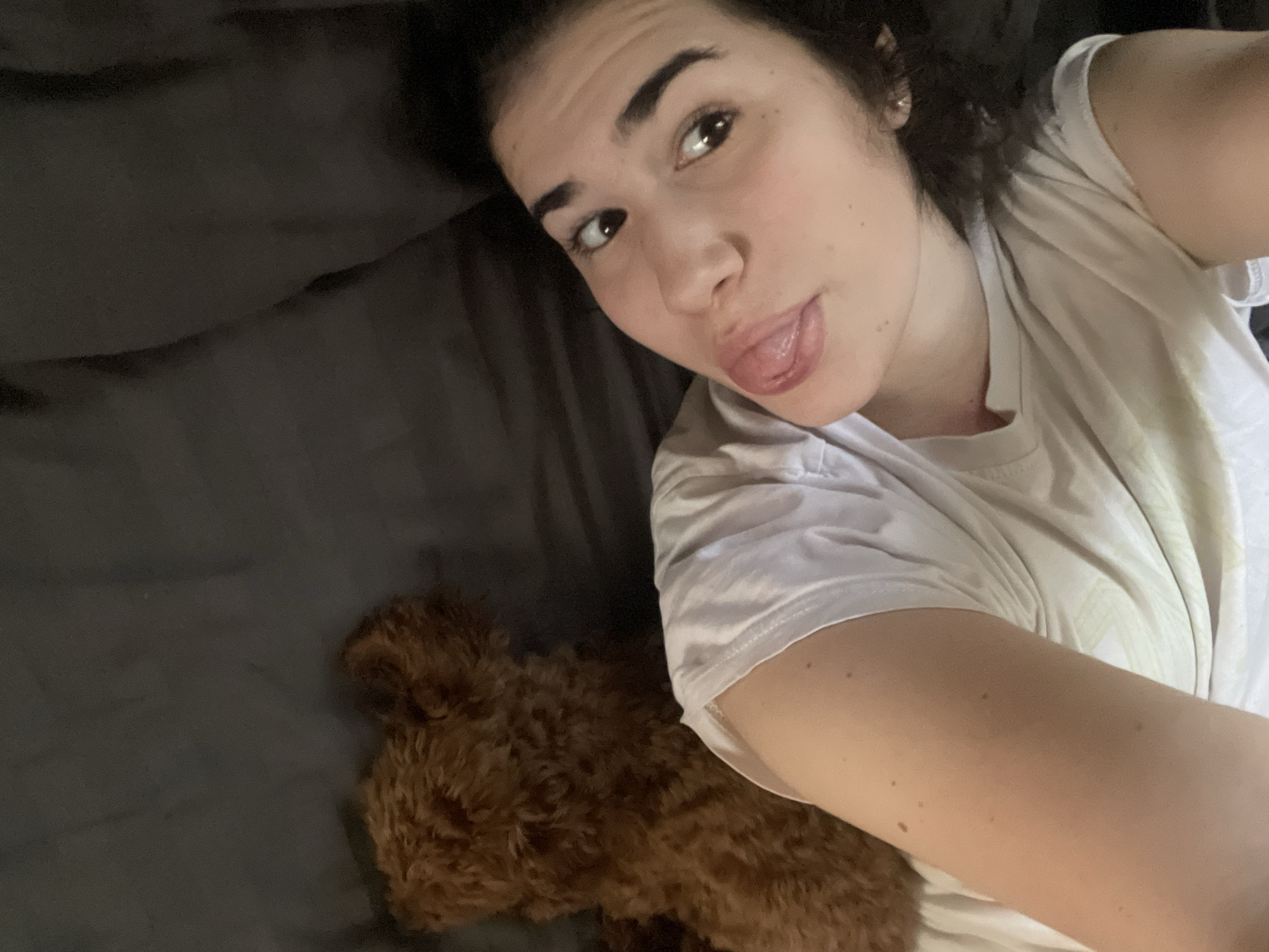 A young woman is lying on a bed with a reddish-brown poodle. The woman is fair-skinned, with dark hair and eyebrows, and is sticking her tongue out. She is wearing a white T-shirt. The bed has gray bedding. There is no indication of location in Sofia, Bulgaria, or any identifiable geographical marker.