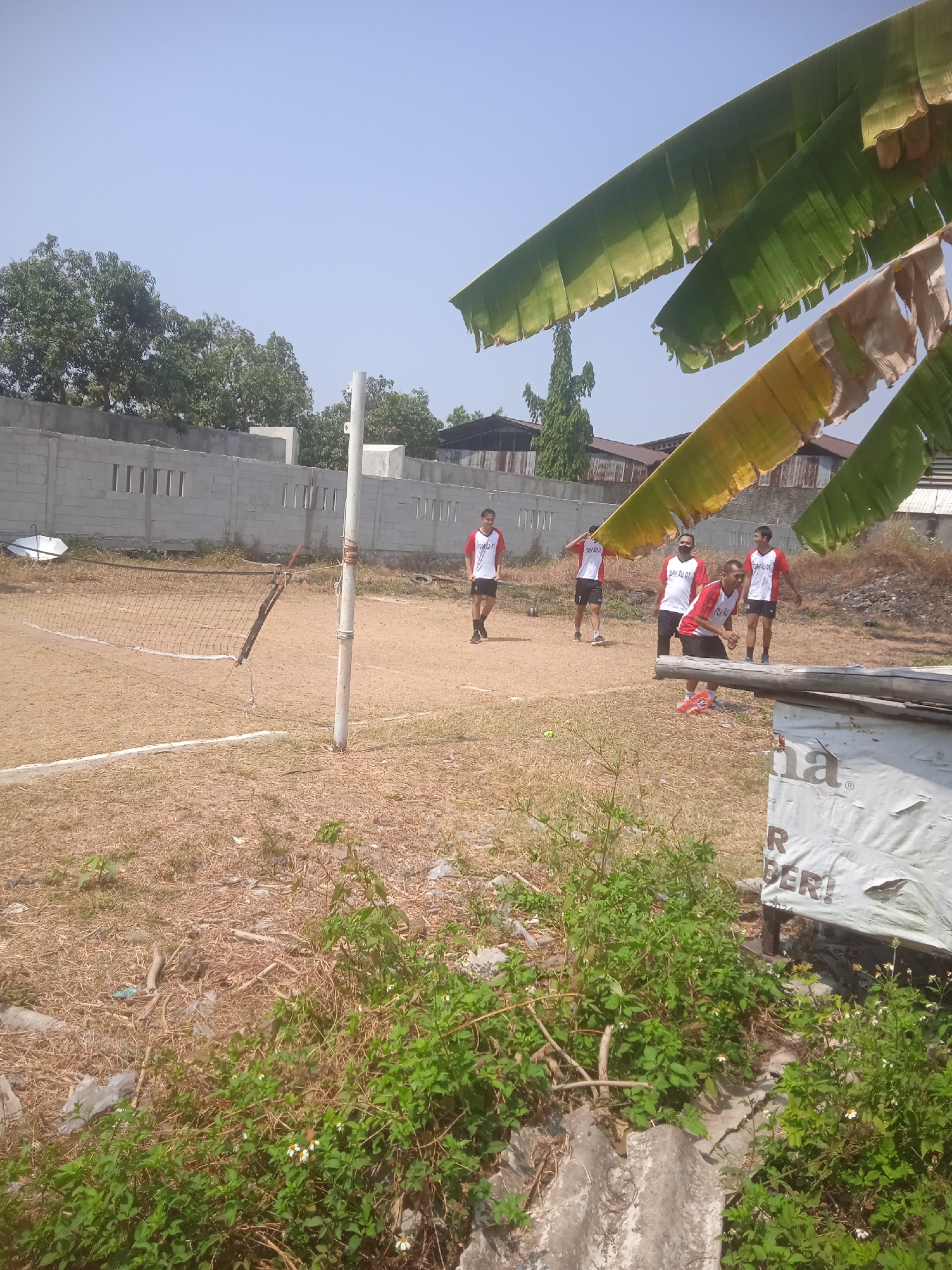 This is a medium shot, taken outdoors on a bright, sunny day, likely in Klodran, Indonesia, showing a group of five young men playing a net sport, possibly tennis or volleyball, on a dirt court. The court is marked with white lines. A net is set up, supported by a pole on the left side. The ground is covered in dry grass and some debris, suggesting it is not a well-maintained sports facility. In the background, there is a grey concrete wall and some buildings with corrugated metal roofs. Banana leaves are prominently visible in the foreground, obscuring the top portion of the image. The men are wearing matching red and white athletic shirts and dark shorts. One man in the center is in the process of serving or hitting the ball. The other men are positioned around the court, some observing, and others ready to receive. The overall impression is of an informal sports activity taking place in a somewhat dilapidated outdoor area.