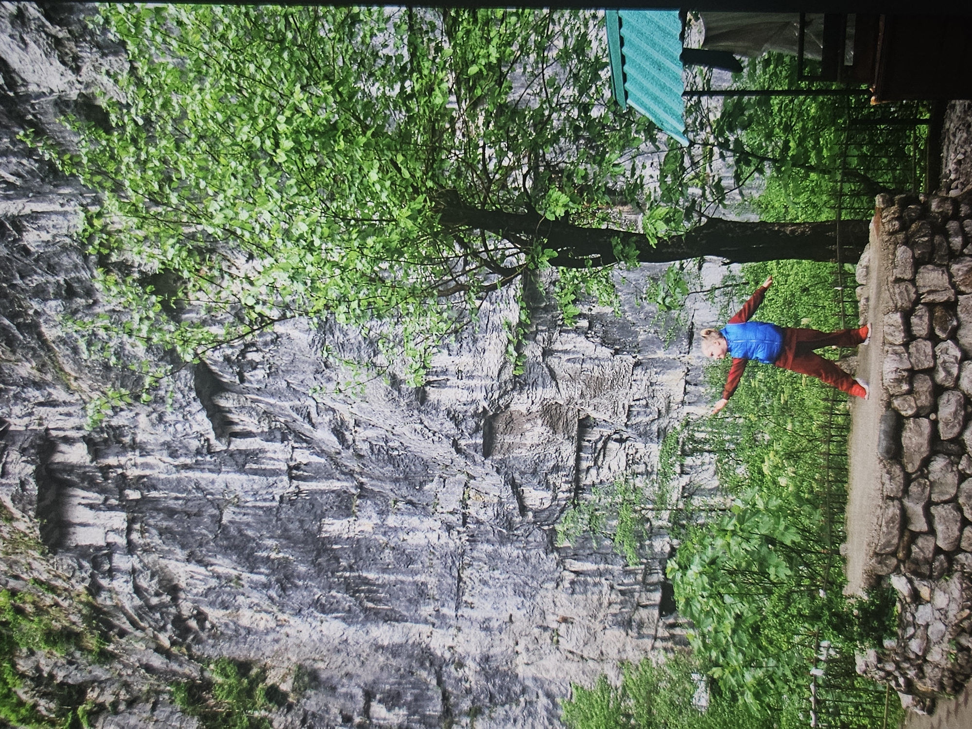 A young girl with blonde hair pulled back in a ponytail stands on a circular stone platform in front of a towering grey rock face. She wears a red shirt, red pants, and a blue vest, with red shoes on her feet. Her arms are outstretched to her sides, and she appears to be posing or balancing. A large tree with lush green leaves stands to her right, partially obscuring the rock face. In the background, a green-roofed structure is visible. The area is surrounded by greenery, including bushes and trees. The lighting suggests it is daytime, possibly overcast. The location is not identifiable as Astana, Kazakhstan.