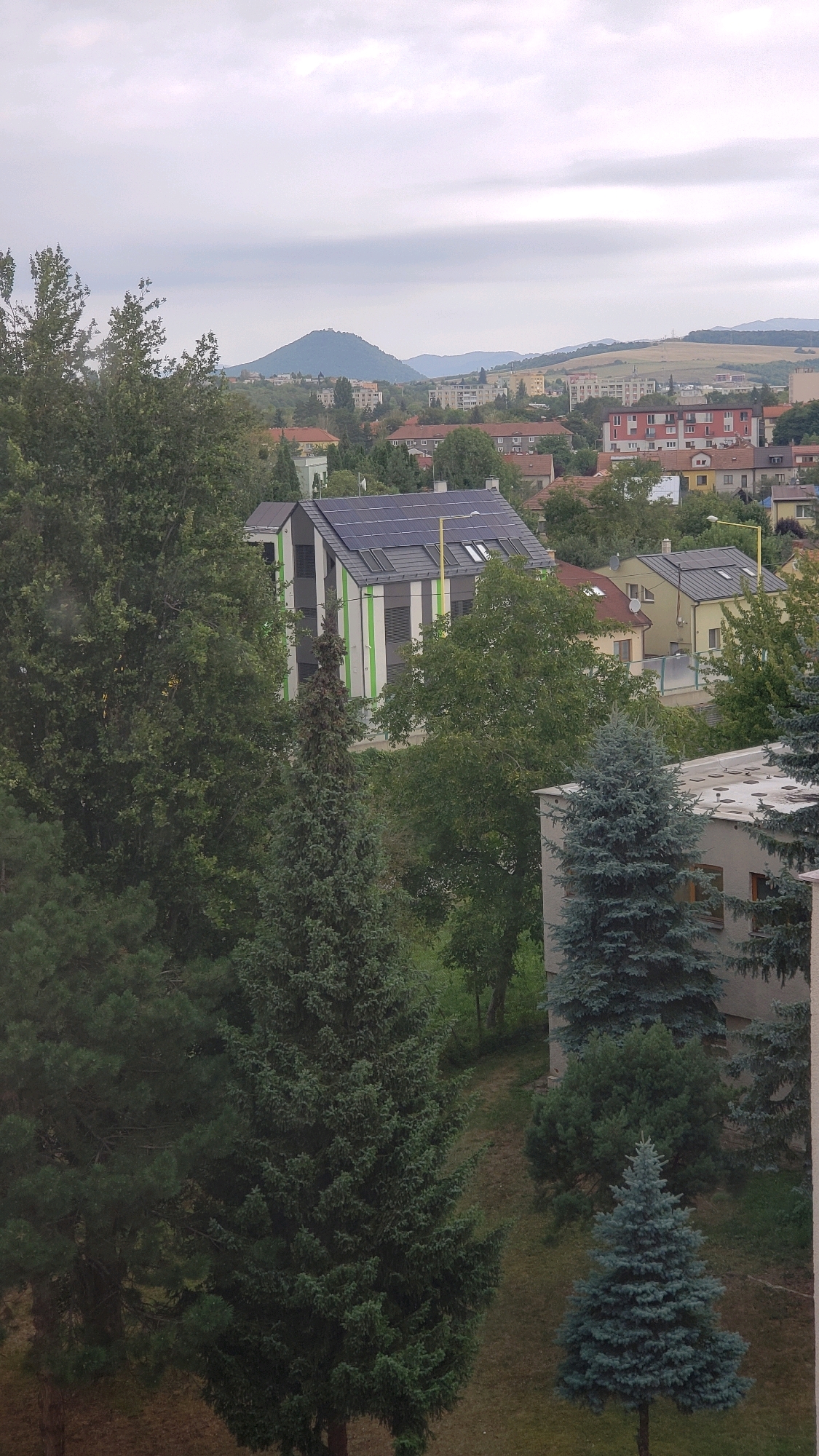 The image is a medium-shot, eye-level photograph of a suburban landscape in Prešov, Slovakia. In the foreground, several coniferous trees dominate the scene, with lush green foliage and textured bark. To the left, a large fir tree is prominent, while to the right, a smaller, more conical blue spruce stands out. Behind the trees, a modern building with a slanted roof covered in solar panels is visible. The building features a distinctive design with alternating vertical stripes of white and green. Further in the background, a cluster of residential buildings with red tile roofs can be seen, interspersed with more trees. In the far distance, rolling hills and a prominent, conical mountain with a fortified structure on its summit are visible under a cloudy, overcast sky. The scene is tranquil and appears to be a residential area with a mix of natural and man-made elements. The overall atmosphere is subdued due to the cloudy weather.