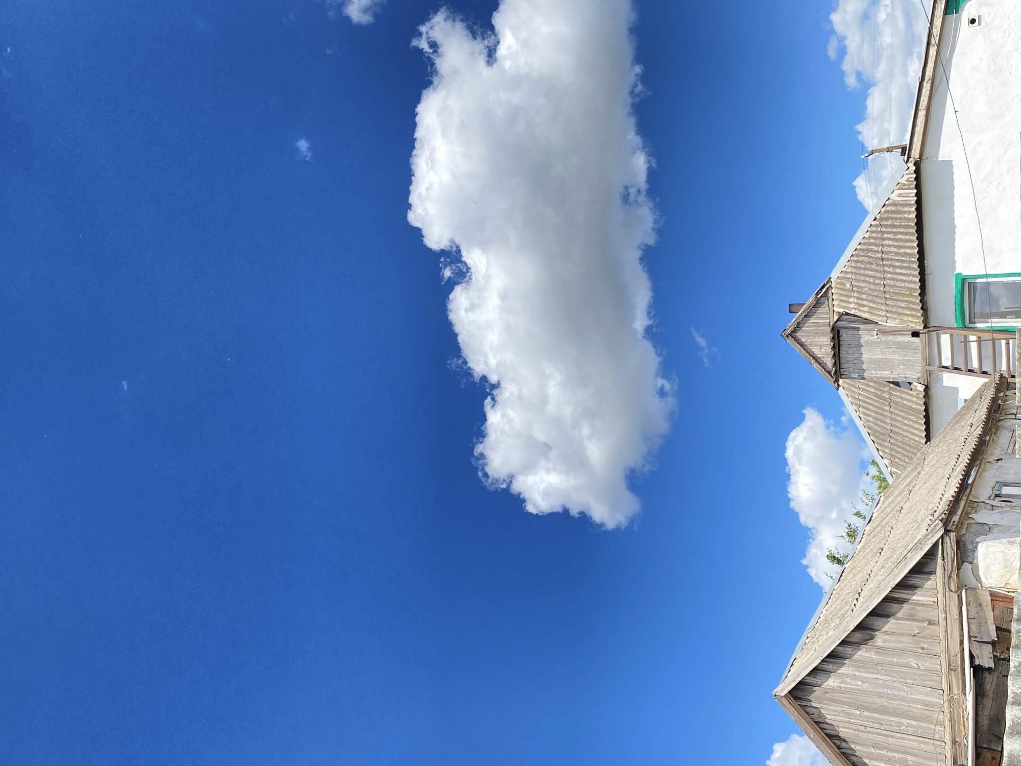 An outdoor, low-angle, eye-level medium shot captures a bright, sunny day with a vivid blue sky dominating the upper portion of the frame. Two weathered roofs of old, white buildings are visible in the lower third of the image. The roof on the left is made of rough, grey wooden planks, and the roof on the right appears to be covered with corrugated asphalt or tin. A wooden ladder extends up the side of the right-hand building towards a small, wooden attic door. In the sky, a large, fluffy white cumulus cloud is centered horizontally and is positioned in the upper half of the frame. Smaller white clouds are scattered throughout the sky. The overall impression is of a rural or semi-rural setting on a clear day.