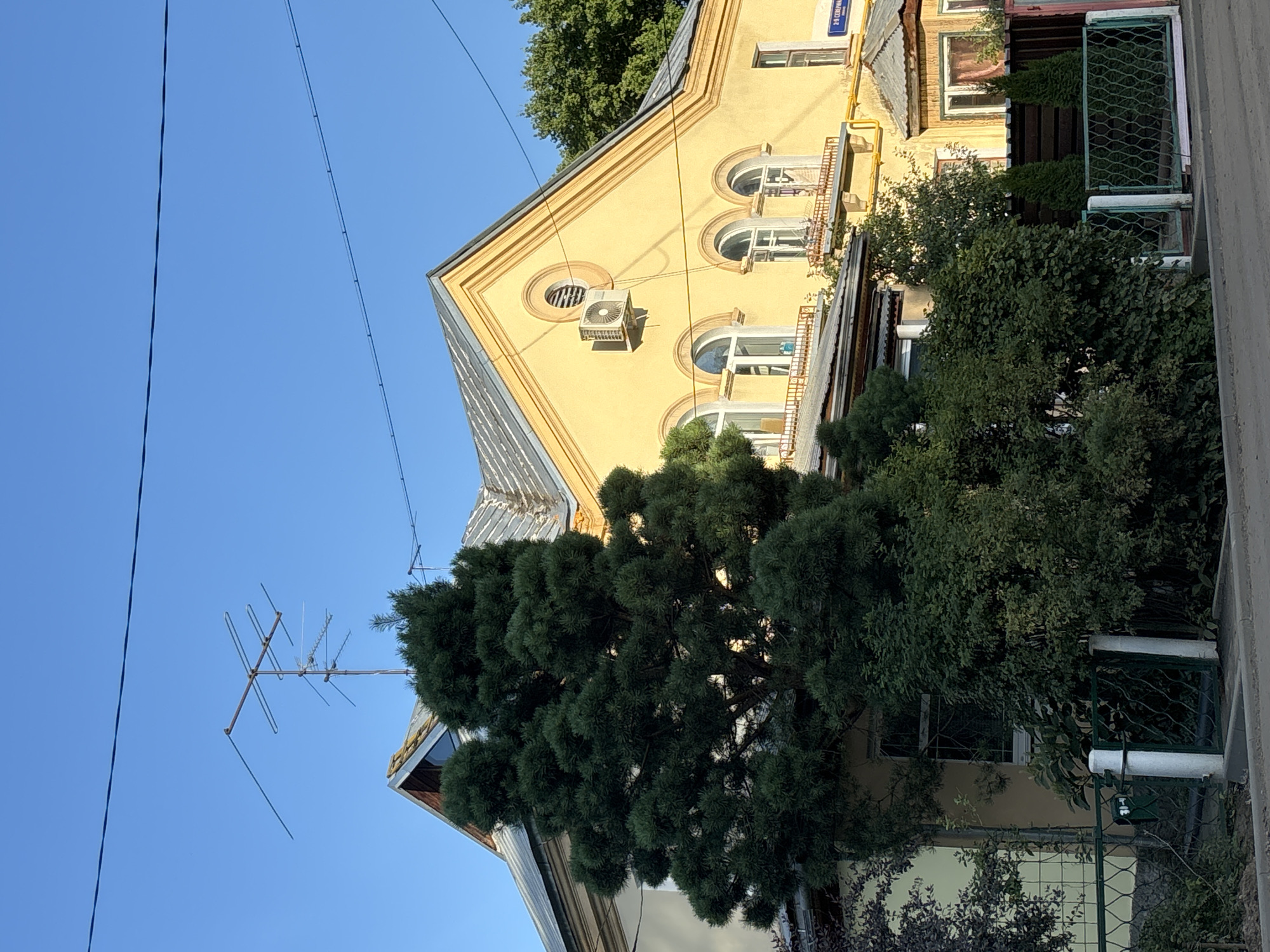 The image shows a section of a yellow two-story building with a gray metal roof, set against a clear blue sky. A large, dense evergreen tree dominates the left side of the frame, obscuring part of the building. An old-fashioned TV antenna is mounted on the roof. An air conditioning unit is visible on the upper facade of the building, above arched windows. In front of the building, there is a green metal fence and dense foliage. A street sign with Cyrillic lettering is visible on the right side of the building. Based on the street sign "2-9 СЕВЕРНАЯ", this location is likely on Severnaya Street in Moscow, Russia, possibly near house number 29. The scene depicts a residential building in an urban environment. There are no people visible in the image.