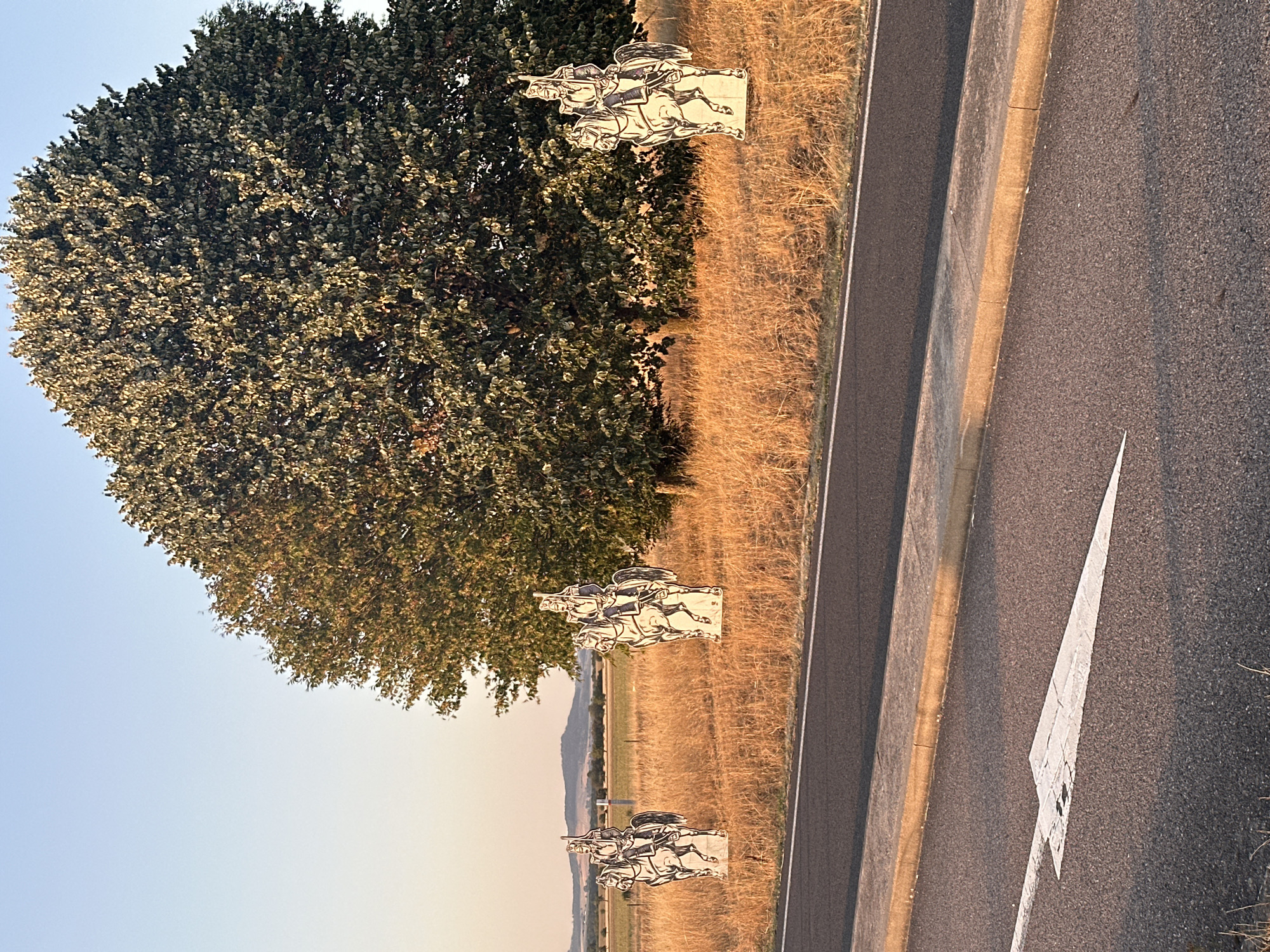 The image shows a rural roadside scene with three cutouts of figures on horseback. The cutouts are placed in a dry, grassy field next to a paved road. The figures appear to be dressed in historical military attire. In the background, there is a large tree and rolling hills. The sky is clear and blue, suggesting it is either early morning or late afternoon. The overall impression is one of a slightly surreal or artistic roadside display.
