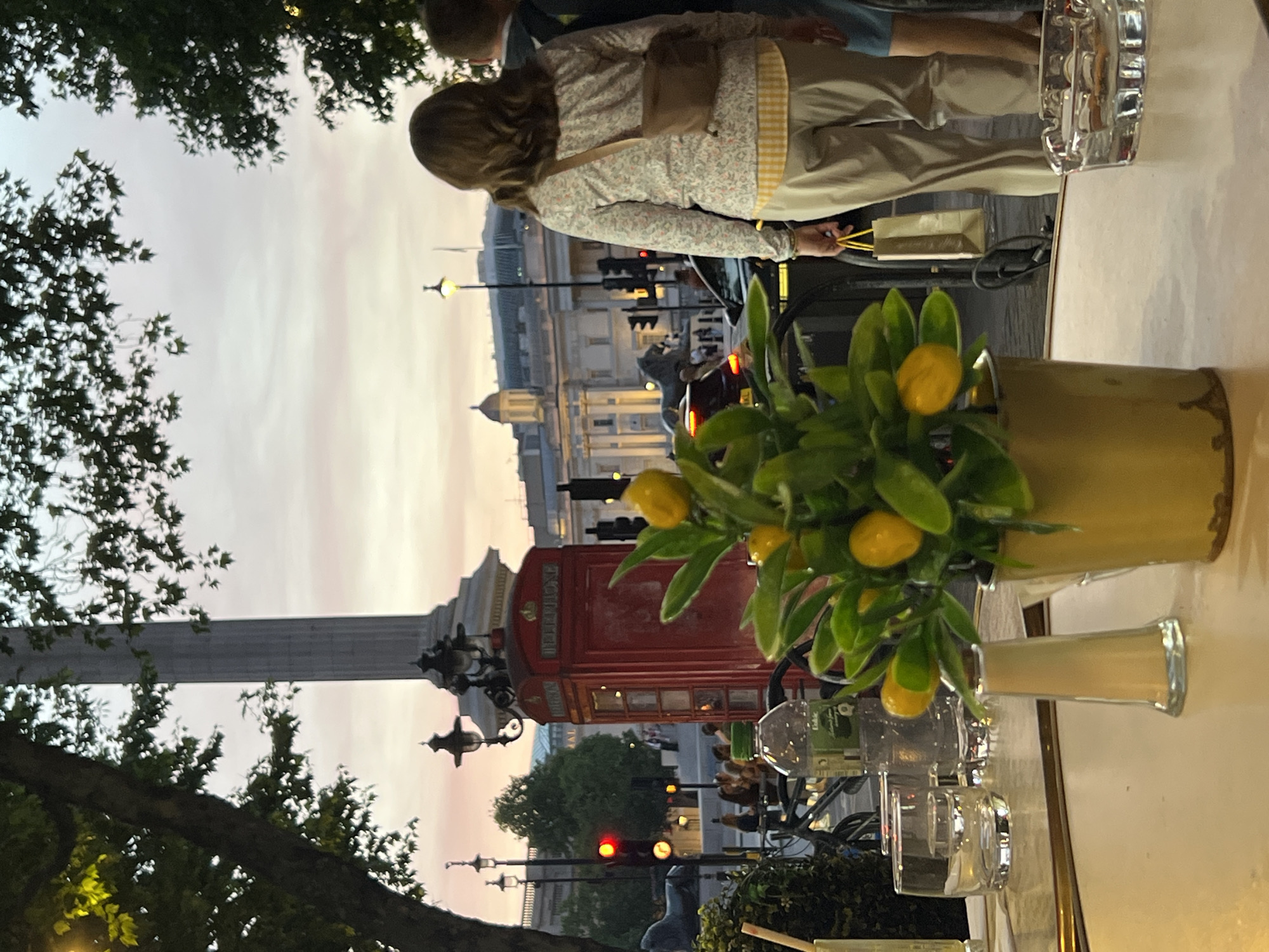 The scene overlooks Trafalgar Square in London, United Kingdom. Nelson's Column is visible to the left, with a red telephone box below. Buildings around the square are also visible. In the foreground, a table with clear glasses and a plant in a vase is present. Two people are visible behind the table. One is wearing a floral patterned shirt and khaki pants. A shopping bag is in hand.