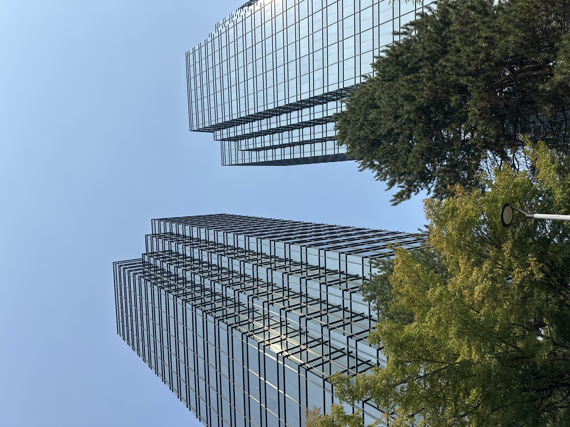 Two modern glass skyscrapers dominate the frame, reaching towards a clear blue sky. The buildings feature a stepped design, with multiple vertical sections of varying widths. Their facades are composed of numerous glass panes, creating a reflective surface that mirrors the sky and surrounding environment. In the foreground, lush green trees, some with autumnal yellow-green foliage, partially obscure the lower portions of the skyscrapers. A street lamp with a modern design is visible to the right of the image, positioned among the trees. The scene appears to be an urban setting, likely a business or downtown district. This specific view is from the Burnaby, Canada area, specifically at The Amazing Brentwood shopping center.