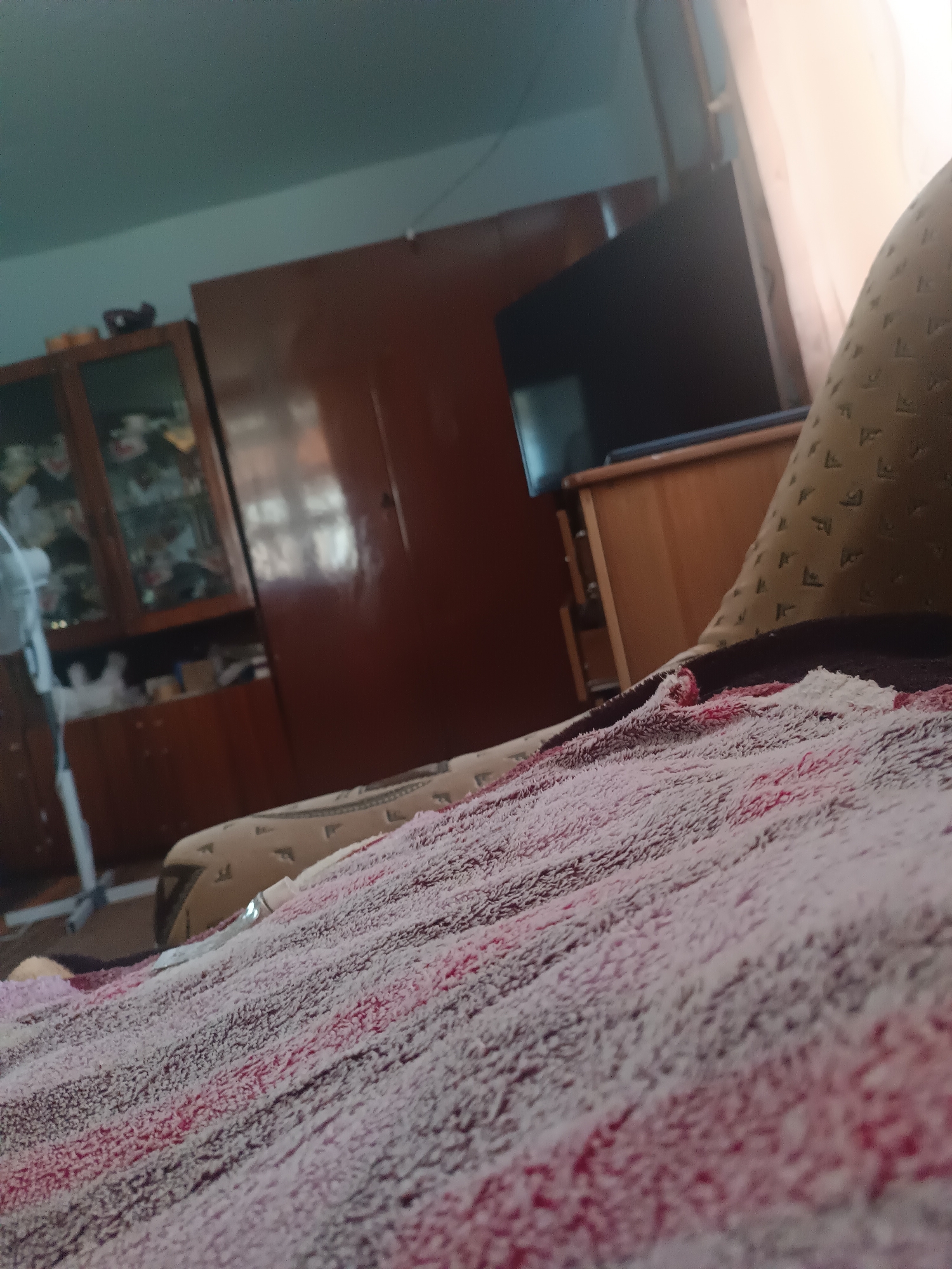The image depicts an indoor scene, possibly a bedroom or living room. In the foreground, a close-up of a striped blanket or comforter with red, pink, and grey bands is visible, showing a textured, fuzzy surface. To the left, a white stand fan is partially seen. Further back, a wooden cabinet with glass doors filled with various items is present. Behind that, a large, dark brown wooden wardrobe or cabinet dominates the central part of the background. To the right of the wardrobe, a black television screen is mounted on a wooden piece of furniture. A curtain, likely white or light-colored, is visible on the far right, suggesting a window. The walls appear to be painted in light blue or teal. The overall lighting suggests an indoor setting, possibly during daytime due to the curtain. The image's perspective is from a low angle, looking across the blanket. No people or explicit actions are visible. The setting is a residential interior in Sokoliv, Ukraine.
