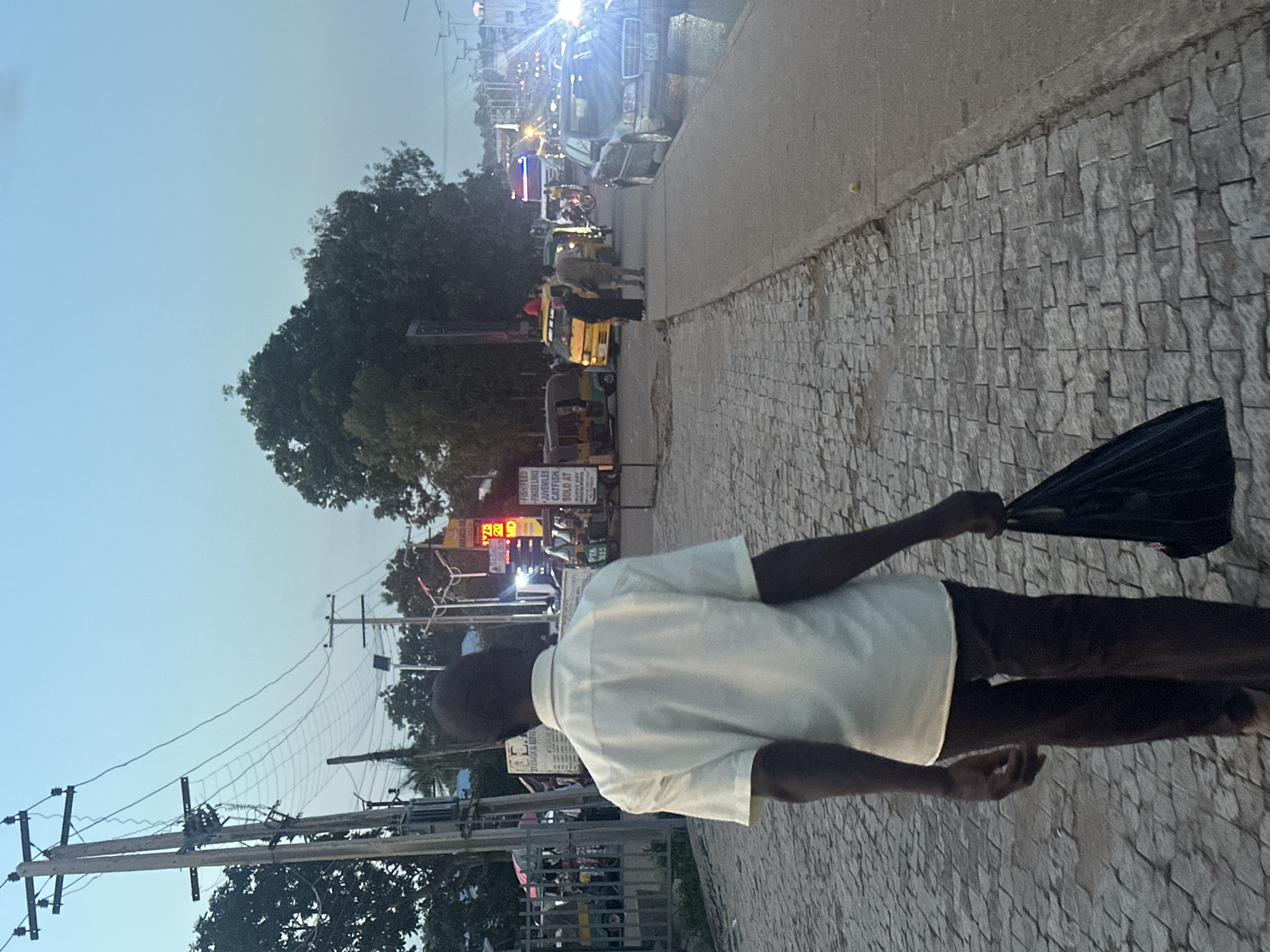 An urban street scene unfolds at dusk in Unknown, Unknown, viewed from behind a pedestrian walking on a grey, rectangular-paver sidewalk. The sky above is a light, muted blue-grey. The foreground subject is a dark-skinned individual, seen from behind, wearing a light-colored short-sleeved collared shirt and dark trousers, carrying a black plastic bag in their right hand.
To the right of the sidewalk, a paved road stretches into the distance, bustling with activity. Various vehicles are present: a green and yellow auto-rickshaw is parked on the far left near a metal fence; further down, a yellow commercial van/minibus is visible, with two people standing nearby – one in a dark, long garment and another male in light clothing. Another yellow commercial vehicle and a motorcycle are further down the road. On the right side of the road, a dark-colored sedan (possibly a Mercedes-Benz) is parked with bright, illuminating headlights causing a lens flare, and two individuals stand beside it. A large white truck is discernible further in the distance.
On the left side of the street, a tall wooden utility pole with multiple cross-arms and a dense network of overhead electrical wires dominates the view, with what appears to be a transformer mounted on it. Behind the pole and extending across the scene are various trees with dark green foliage. Commercial signs are visible on the right side of the street: one displays text including "FISH FEED," "FINGERLINGS," "JUVENILES," "CATFISH," and "SOLD AT," suggesting a business related to aquaculture. Another illuminated sign shows numbers like "175," "20," and "MD" in red and yellow. Streetlights are visible further down the road, beginning to glow. A small, light-colored object lies on the concrete strip between the sidewalk and the road. The scene suggests a busy commercial area transitioning into night.