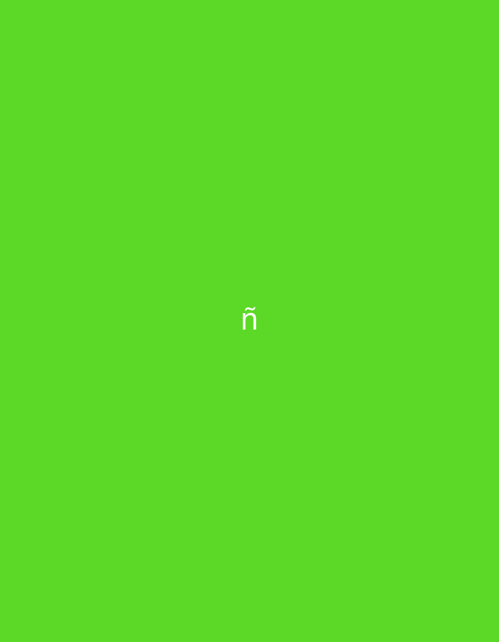 The scene, located in the city of Santa Ana, Venezuela, presents a digital display featuring a uniform lime green background. Centrally positioned on this background is a distinct white lowercase 'ñ' character, rendered in a sans-serif typeface with smooth, slightly rounded strokes. No additional details regarding people, objects, actions, interactions, or the specific environment beyond the digital display itself are discernible within the frame.