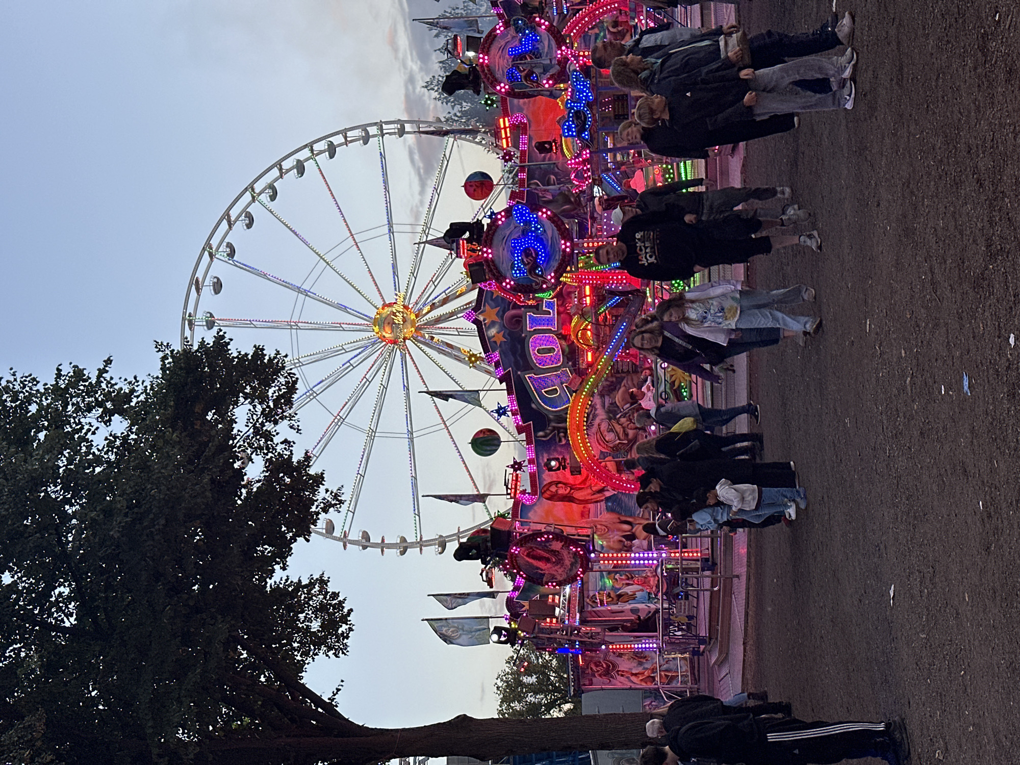 This image depicts a nighttime scene at a fairground, likely in Bruchhausen-Vilsen, Germany, as suggested by the provided context. The central focus is a brightly lit carnival ride with flashing lights in various colors, predominantly red and blue, illuminating the surrounding area. A large Ferris wheel, also adorned with lights, dominates the background, suggesting the fair is in full swing.
Several people are visible in the foreground and middle ground, appearing to be attendees of the fair. They are walking and standing around the ride, some interacting with each other. The ground is covered in what appears to be dirt or gravel, common in fairground environments. Trees are present on the left side of the image, casting shadows and adding to the outdoor setting. The overall atmosphere is festive and lively, typical of a fairground at night. The sky is visible above the Ferris wheel, suggesting it is dusk or early evening.