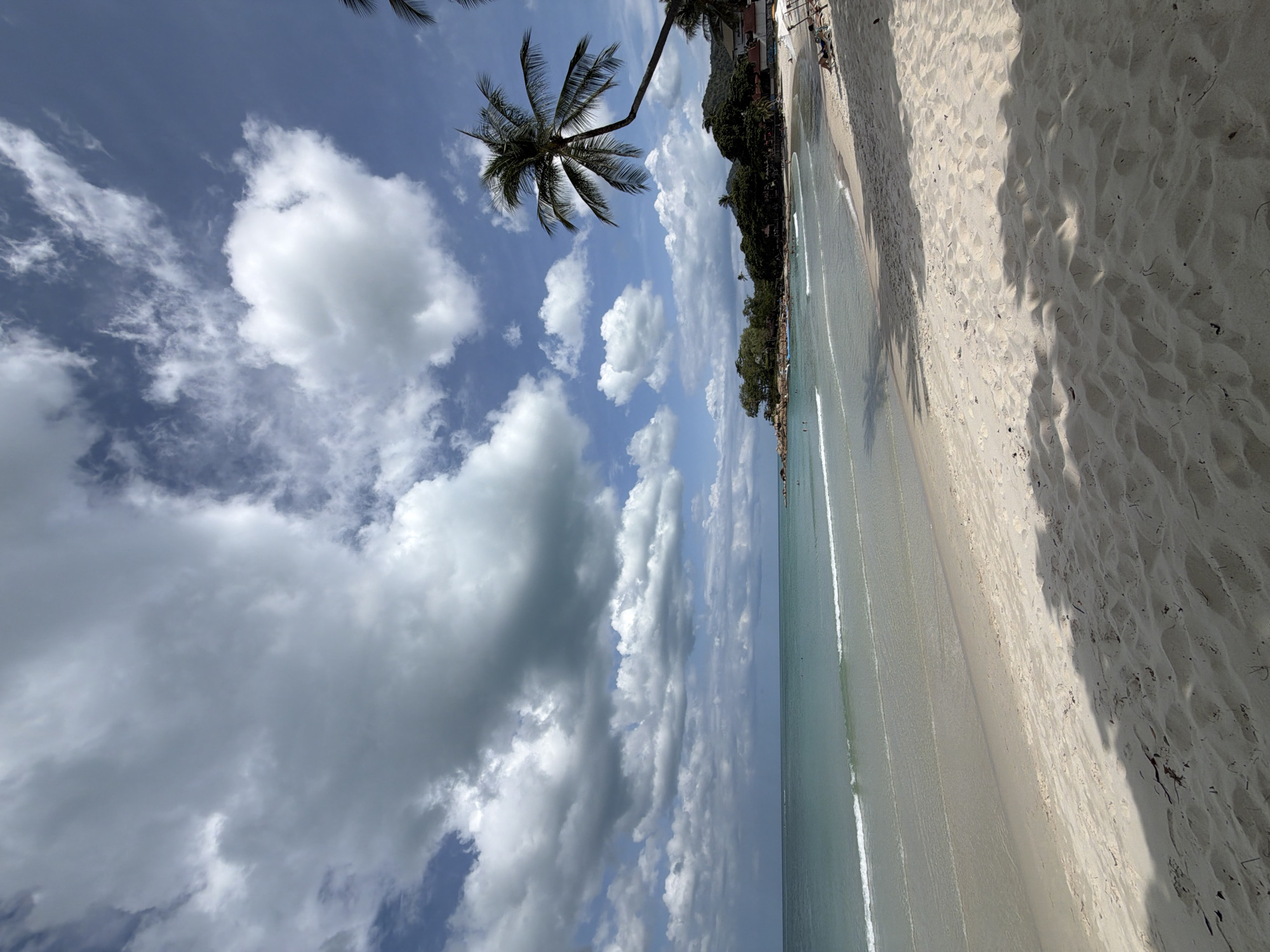 A vertical, eye-level, full shot captures a tropical beach scene on a partly cloudy day in Ko Samui District, Thailand. The foreground is dominated by pristine white sand, marked by the dappled shadows of palm trees. In the mid-ground, the turquoise water gently laps the shore, with subtle ripples and a white foam line indicating incoming waves. Small, dark figures are visible in the water, suggesting people swimming or wading.
The background reveals a crescent-shaped beach lined with lush green trees and some buildings, hinting at a resort or village. A distinctive, leaning palm tree arches over the scene from the right, its fronds casting shadows on the sand. The sky above is a vibrant blue, interspersed with large, dramatic clouds, some appearing fluffy and white, while others are darker and more textured, suggesting movement and potential for change in the weather. The overall impression is one of a serene and picturesque tropical paradise.