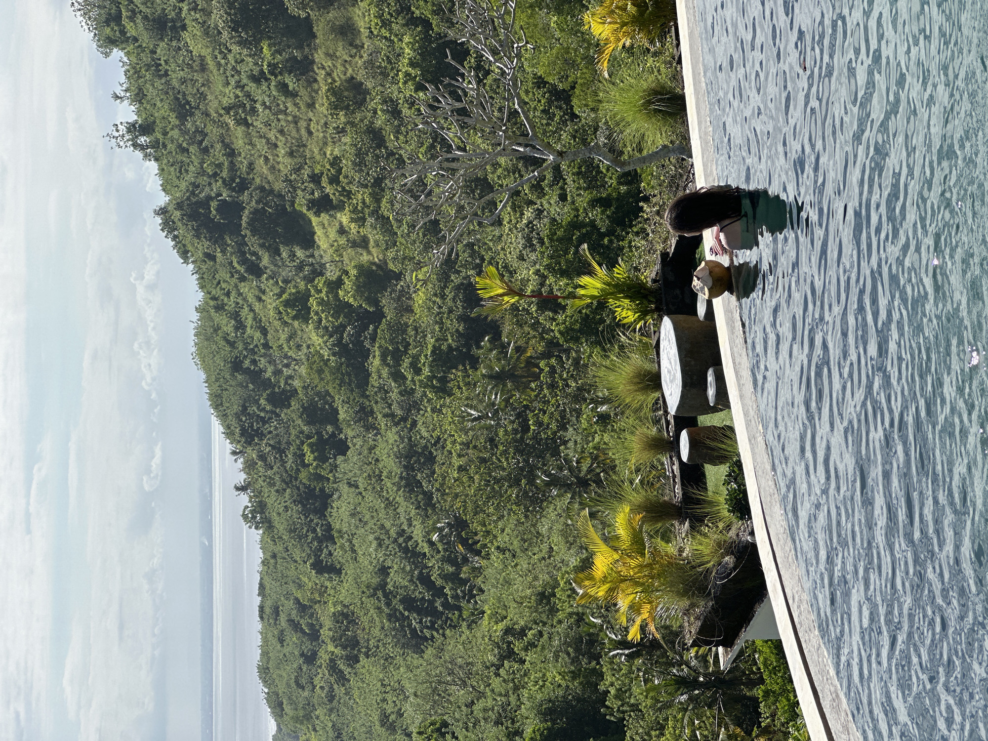 A high-angle, outdoor shot, rotated clockwise to better reveal the subjects, shows a woman in an infinity pool located in Nusa Penida, Indonesia. The woman is facing toward the pool's edge, holding a coconut. The pool blends into the horizon of a body of water. Dense green vegetation covers a hillside adjacent to the pool area. Near the pool's edge are small round tables and decorative grassy plants. The sky is light blue with scattered clouds.