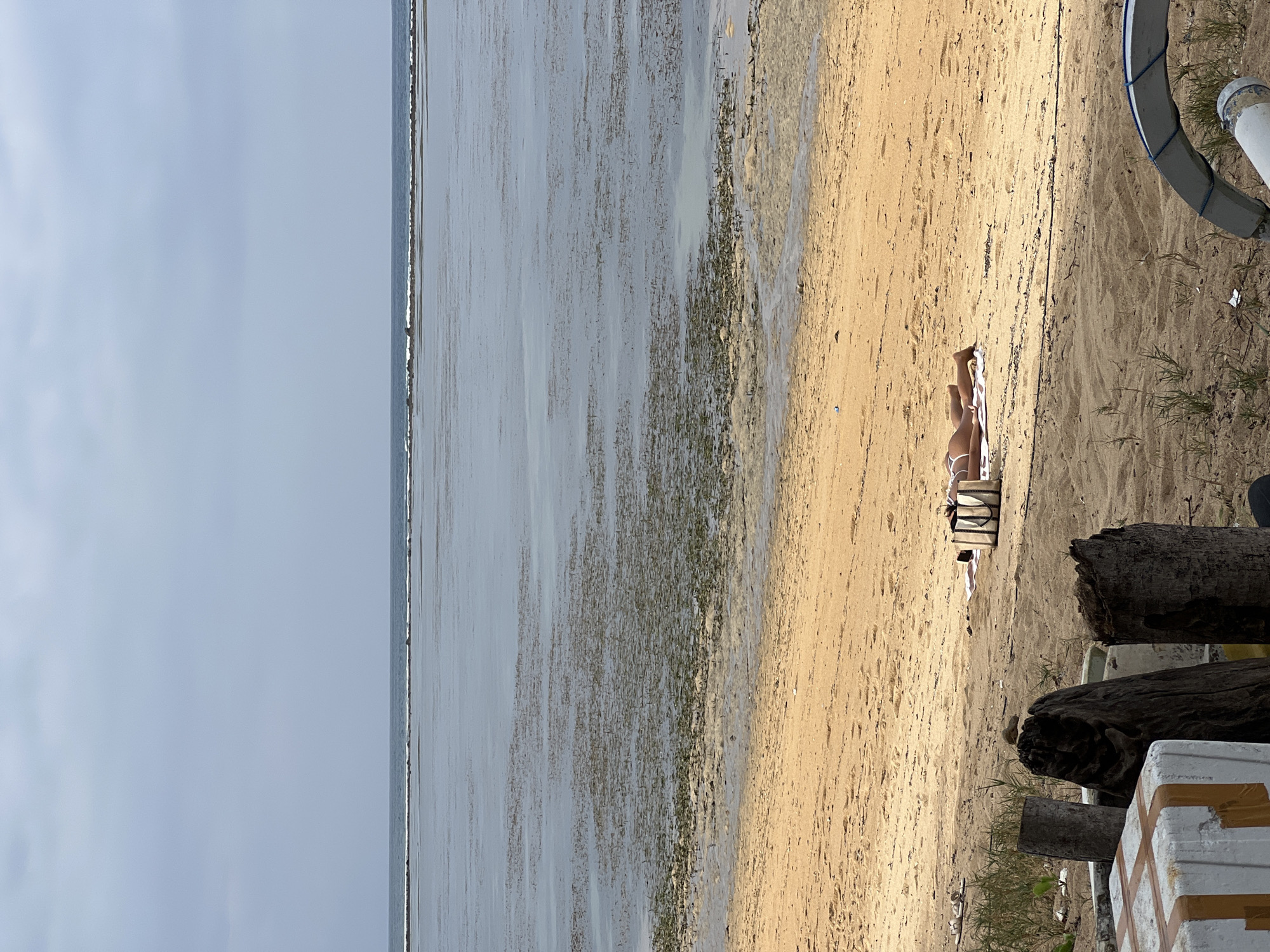 In Denpasar, Indonesia, a solitary individual lies prone on a towel on a sandy beach, facing away from the camera, with their legs and back exposed. They are wearing a white bikini. A white rectangular object, possibly a bag, rests beside them. The beach slopes gently towards the ocean, which appears calm and shallow, with patches of aquatic vegetation visible beneath the surface. The sky is overcast, casting a diffused light over the scene. In the foreground, weathered wooden posts and what appears to be a partially wrapped object partially obscure the view of the beach.