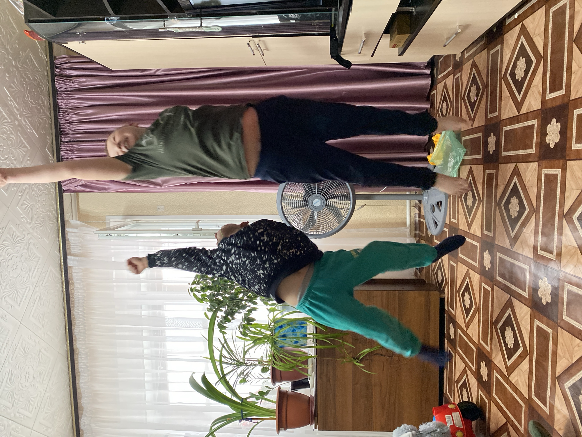 The image shows two individuals posing in what appears to be a domestic interior. The location may or may not be Bely Klyuch, Russia.
The upper figure is an adult male wearing a green shirt and dark pants, with his arms outstretched. He is positioned horizontally in the frame. A fan can be seen nearby.
The lower figure appears to be a child in a black and white sweater and green pants, also with arms outstretched, posed in a similar horizontal fashion. Several potted plants are visible near the child.
The background features curtains, furniture, patterned flooring, and textured walls.