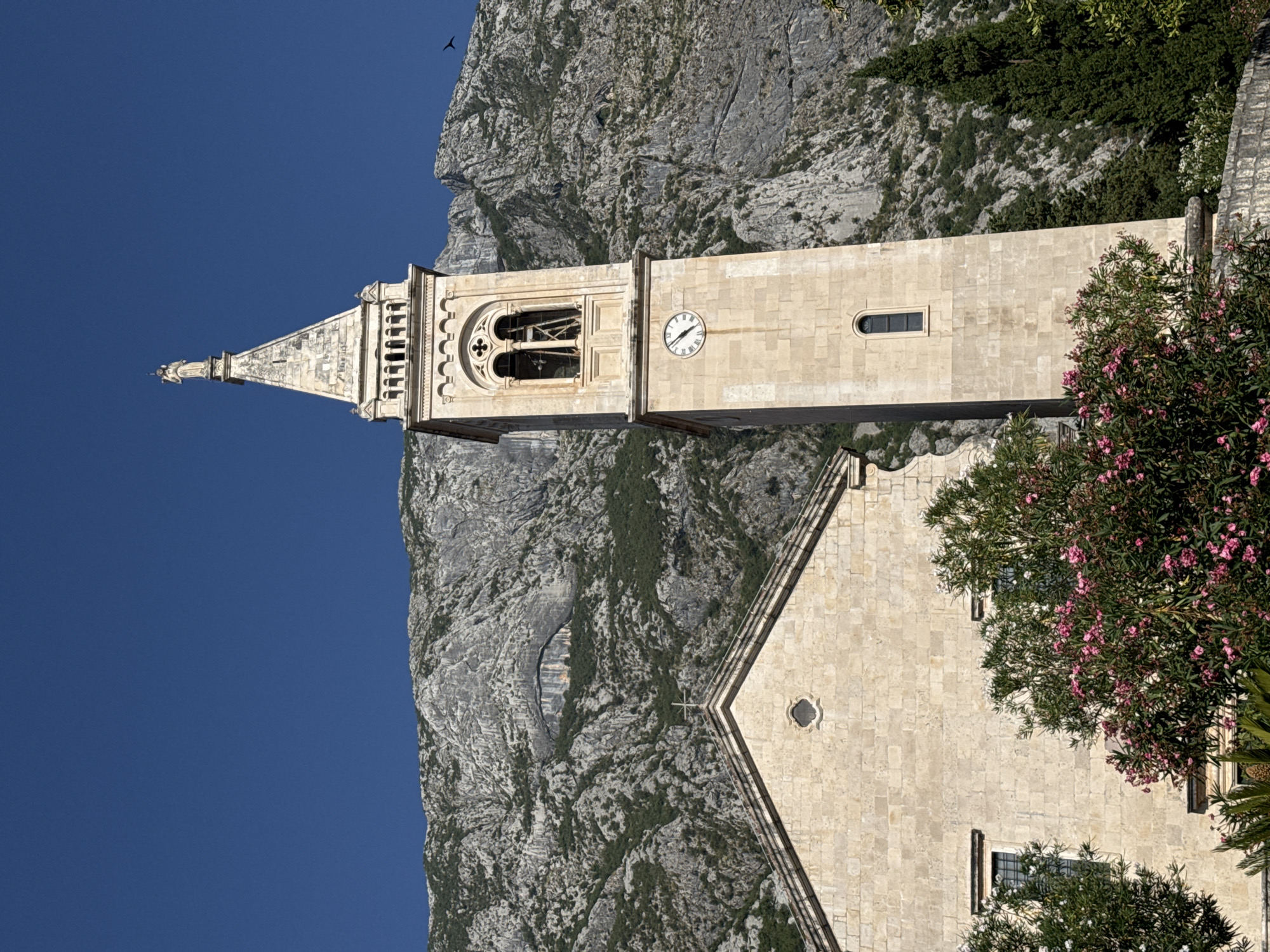 The image shows a close-up, low-angle shot of a stone church with a tall bell tower against a backdrop of a steep, rocky mountain under a clear blue sky. The church has a peaked roof with a cross on top and a small circular window. The bell tower features arched openings for bells, a clock face, and a pointed spire topped with a statue. Lush green trees and pink flowering bushes are visible in the foreground, partially obscuring the lower portion of the church and tower. A single bird is captured in flight against the sky. The architectural style suggests a Mediterranean or European setting. The scene is static and captures a moment of architectural grandeur set against a dramatic natural landscape. This is likely the Church of St. Matthias in Dobrota, Montenegro, given the distinctive mountainous terrain that frames the Bay of Kotor.