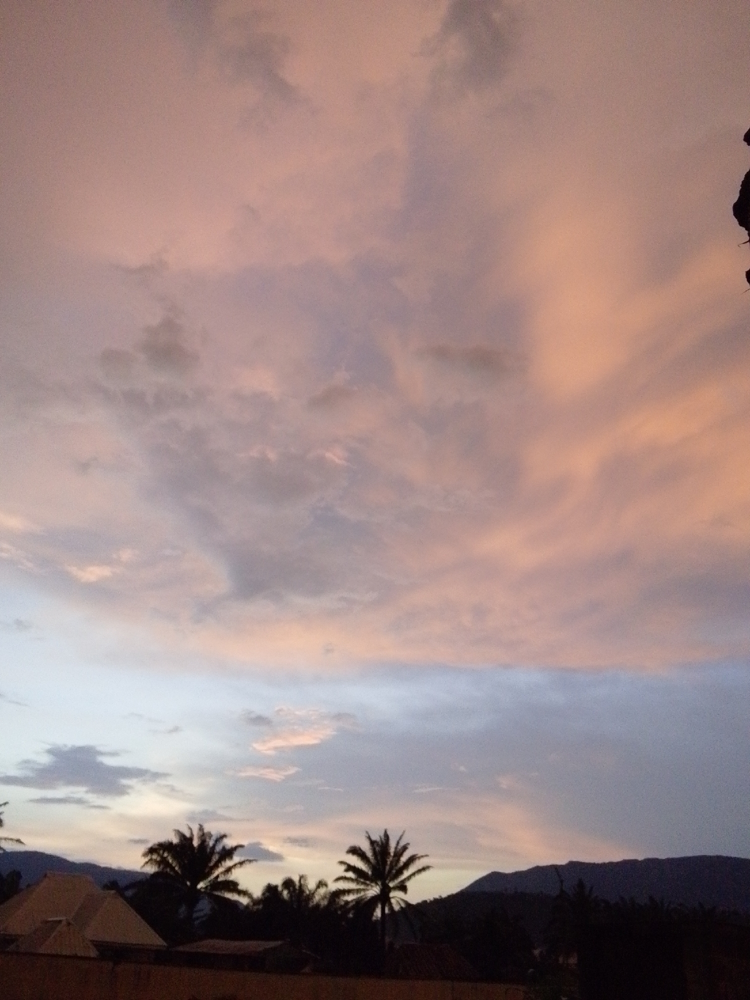 A photograph taken from a low angle captures a dramatic sunset over Serti, Nigeria. The sky is a canvas of soft pinks and oranges, with streaks of light filtering through a scattering of clouds. In the foreground, silhouetted palm trees stand tall against the twilight, their fronds reaching towards the vibrant sky. A dark mountain range forms a jagged line on the horizon, partially obscuring the fading light. The bottom of the image reveals the roofs of several buildings, their structures barely visible in the dim light. The overall impression is one of serene natural beauty, with the vibrant colors of the sunset dominating the scene.