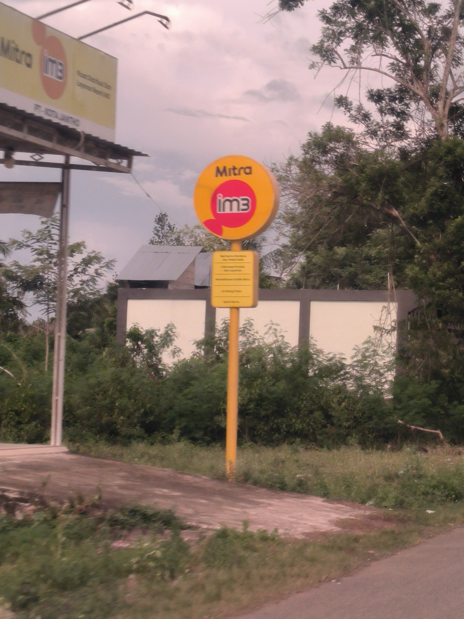 This image depicts a roadside scene in Bandasafa, Indonesia, featuring two prominent signs related to a telecommunications provider. In the foreground, a paved path or road is visible, partially covered by overgrown grass and dirt, leading off to the right.
The central focus is a tall, yellow pole supporting two signs. The upper sign is round and bright yellow with a red circular shape inside, prominently displaying the text "Mitra im3". Below it, a smaller rectangular yellow sign with black text provides additional, albeit unreadable, information.
To the left, a larger billboard is partially visible against the cloudy sky. It also features "Mitra im3" at the top and a partially readable company name, "PT.KOTAJANTHO," below. The billboard is supported by metal beams and posts.
The background is dominated by dense, green foliage and trees, suggesting a rural or semi-urban setting. Behind the central signs and trees, a white wall or fence-like structure is visible, behind which a small building with a corrugated metal roof can be seen.
The sky is overcast with diffused light, indicating either an early morning, late afternoon, or simply a cloudy day. There are no people visible, and the scene appears static. The signs suggest a point of sale or information center for the "im3" mobile operator, which is common in Indonesia, fitting the provided location context.
