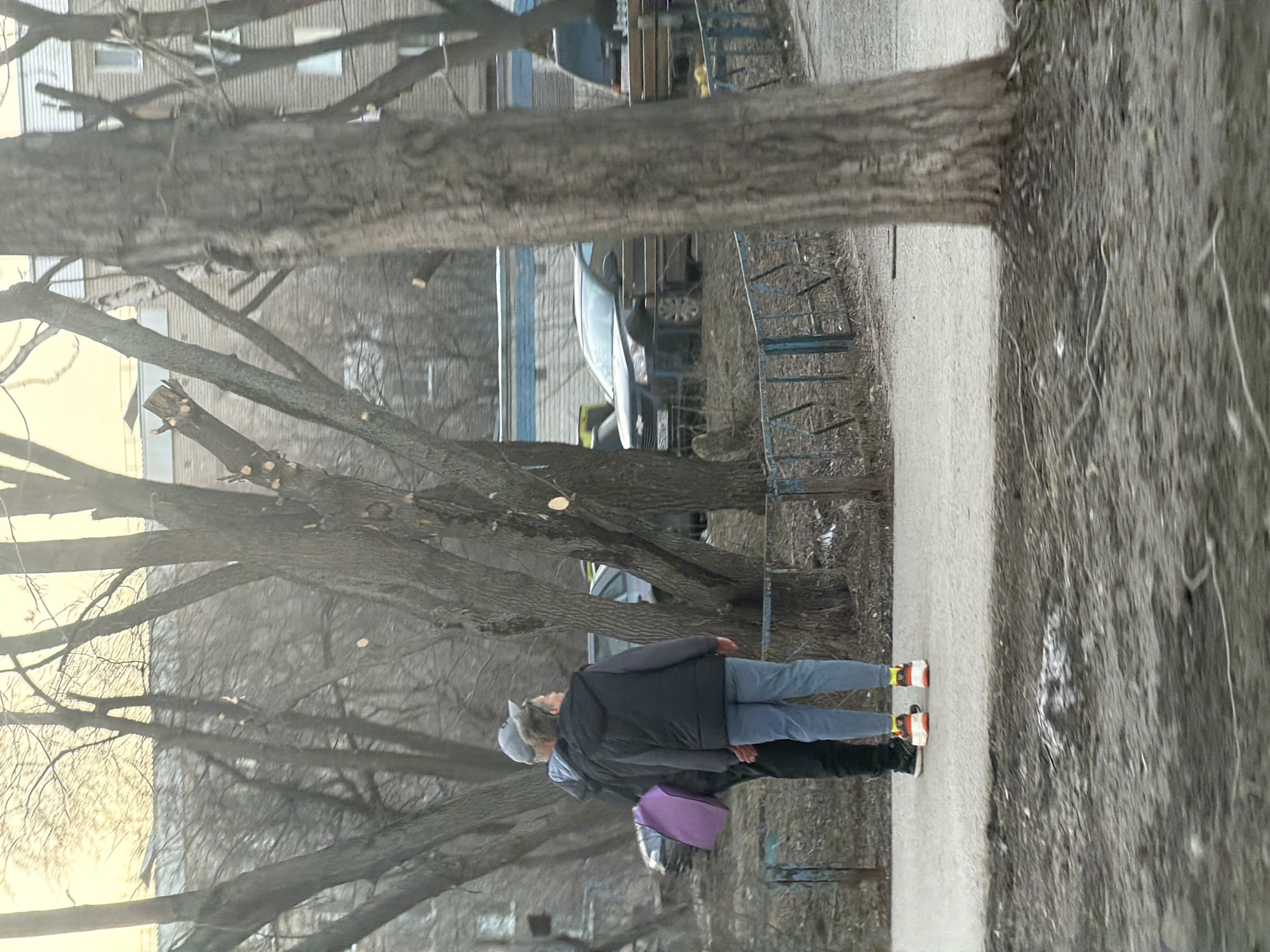 The image shows a section of a walkway in Perm, Russia, characterized by a tree-lined street. Two individuals are walking on the sidewalk. The person in front wears a dark jacket, light-colored trousers, and shoes with bright colored heels. The second person wears a grey jacket, black trousers, a gray hat, and carries a purple bag. Trees are prominent in the foreground and background, obscuring the buildings and parked vehicles. The road surface has a gravelly texture.