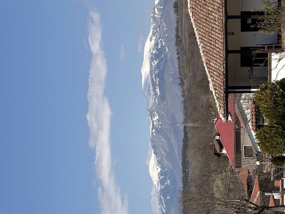 The image depicts a panoramic view of the city of Turiya, Bulgaria, under a clear blue sky with scattered white cumulus clouds. In the foreground, the upper portion of a traditional white house with a terracotta-tiled roof and a dark wooden porch structure is visible on the right. Below the porch are low, dense green shrubs. To the left and slightly behind, multiple residential buildings with varying roof colors, predominantly red and orange tiles, are present. Deciduous trees, currently without leaves, are visible throughout the midground, forming a sparse wooded area. A metallic lattice power transmission tower stands in the midground, positioned left of center, against the backdrop of the trees. The background is dominated by a range of snow-capped mountains, exhibiting patches of snow interspersed with darker, exposed rock and forested slopes below the snowline. No individuals or specific actions are discernible within the frame.