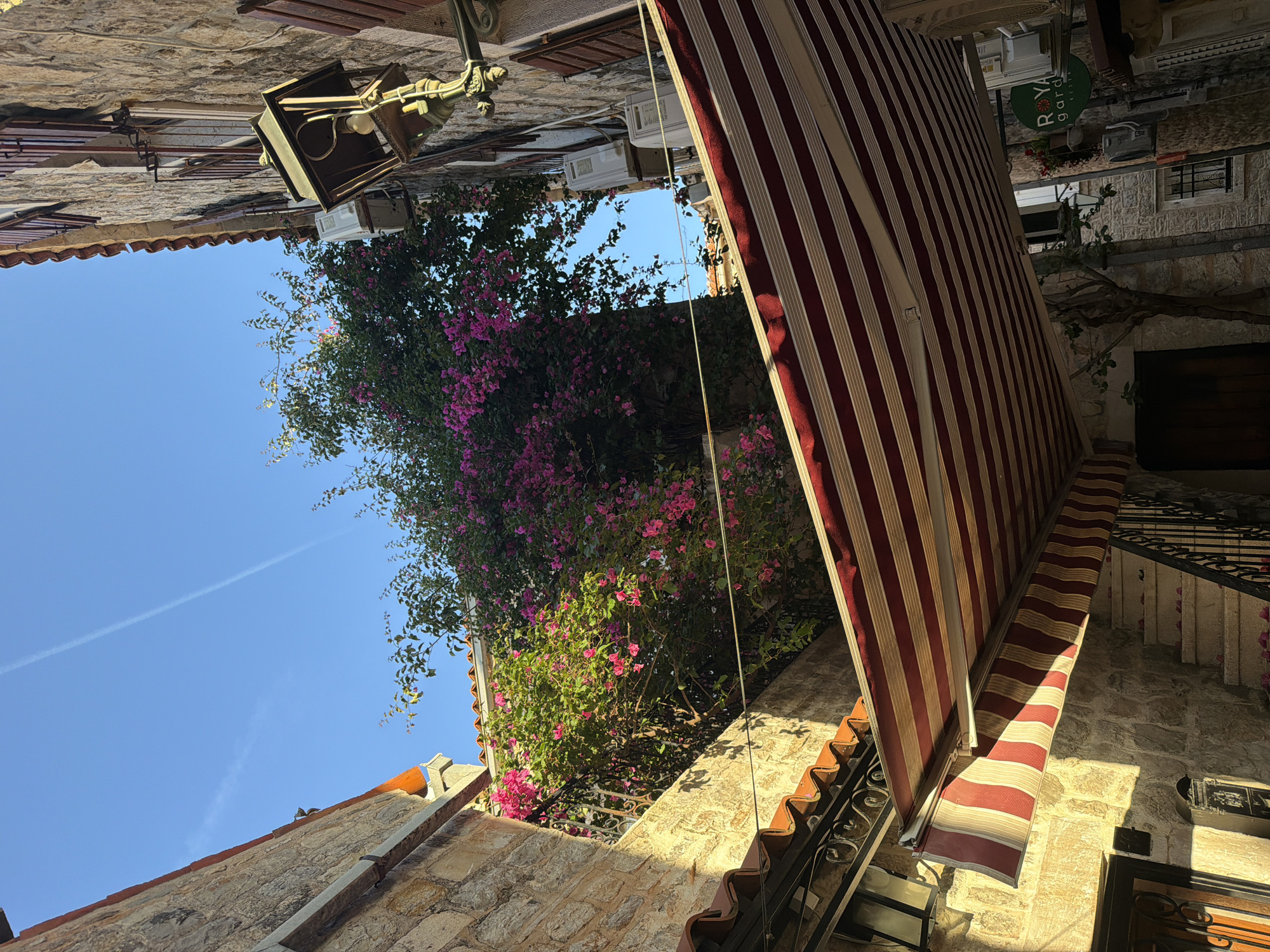 The image shows an upward-angled view of a narrow street in Budva, Montenegro. Stone buildings line the street, with a red and white striped awning extending from one building. A flowering bougainvillea bush fills the space between the buildings, reaching towards a clear blue sky with a contrail. A vintage-style street lamp is visible near the top of the frame.