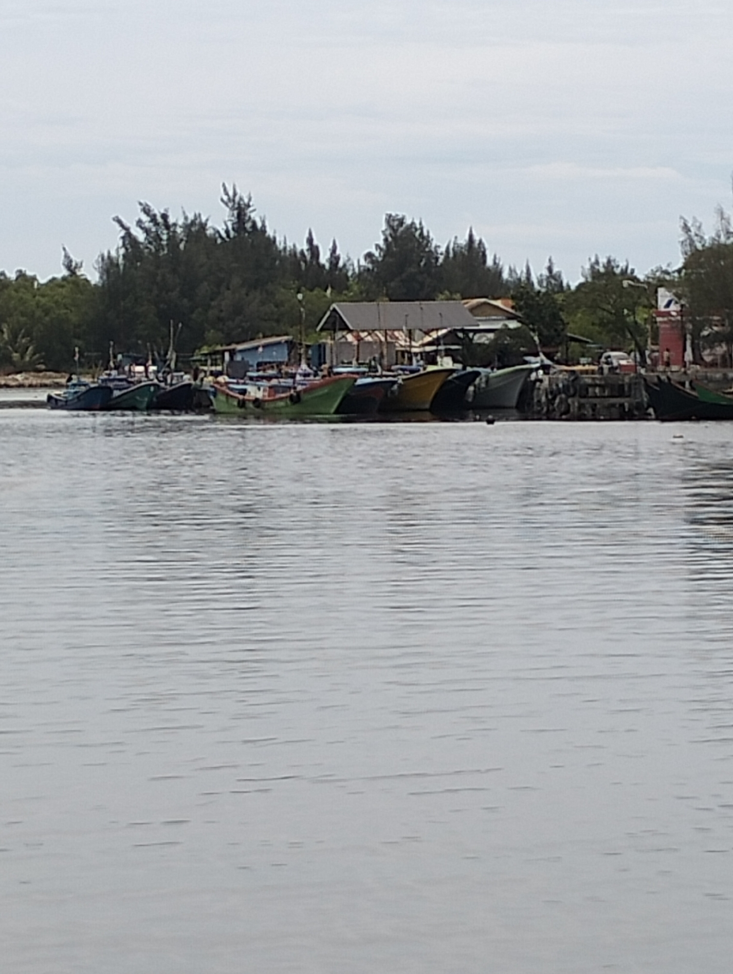 The image depicts a waterfront scene in Banda Aceh, Indonesia, showing a collection of fishing boats moored along a concrete pier or dock. The boats are varied in color (green, yellow, dark, and some blue) and size, some appearing older and worn. Behind the boats and pier is a mixture of greenery consisting of trees and vegetation. Several buildings are visible, including structures with metal roofs. A red and white building with a rounded top, possibly a lighthouse or similar structure, is seen to the right. The water in the foreground is rippled and reflects the gray sky, suggesting an overcast or cloudy day. No people are clearly visible in the scene.