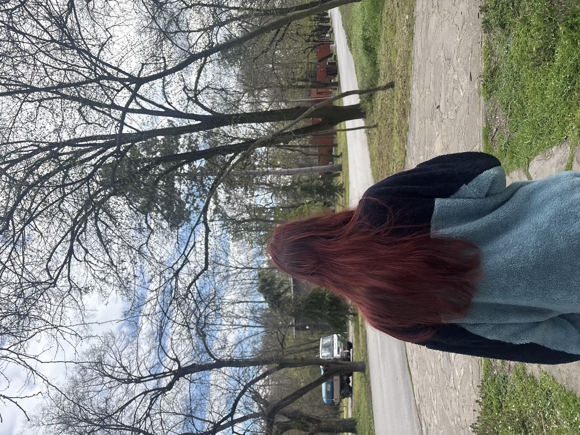 A person with long, reddish-brown hair wearing a blue and black fleece jacket is standing on a sidewalk. The sidewalk is made of stone and is bordered by grass. Behind the person, there's a street with a vehicle parked on it. Trees with bare branches are visible on both sides of the street, with a cloudy sky visible through the branches. Some buildings are visible in the background. The location is the city of Unknown, Unknown.