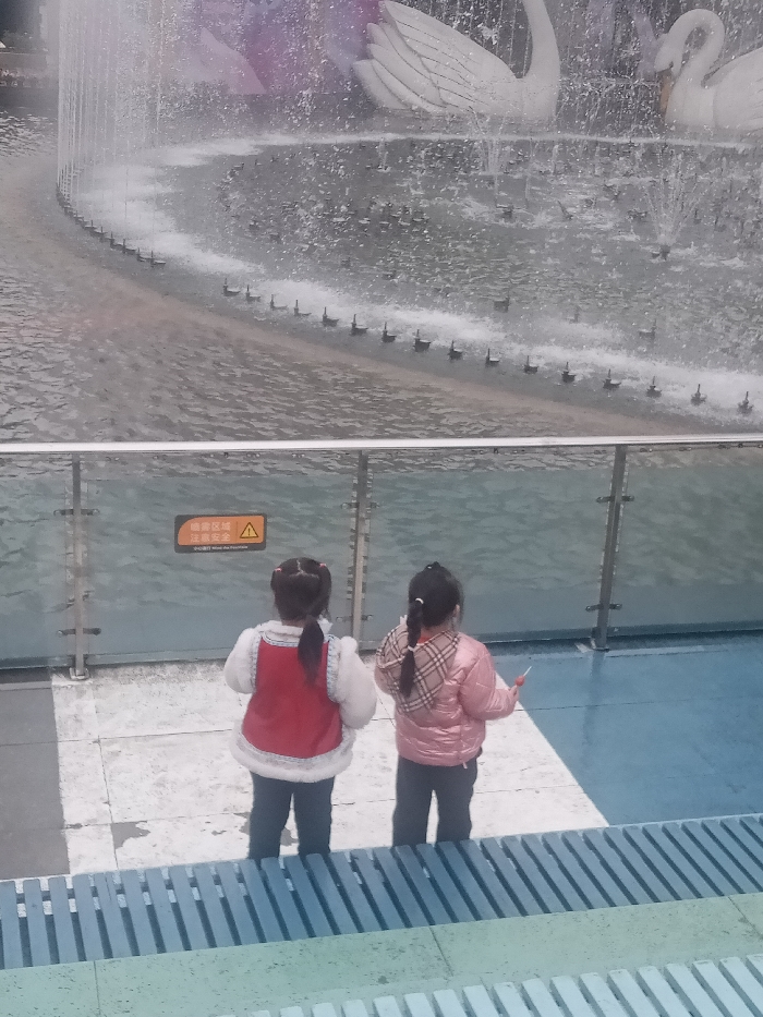 Two young girls stand on steps, their backs to the camera, gazing at a large fountain. The fountain features swan sculptures and numerous water jets. A safety barrier with a warning sign separates the girls from the water. The girl on the left wears a red and white jacket, while the other is in pink. The setting suggests a public space, possibly a park or plaza.