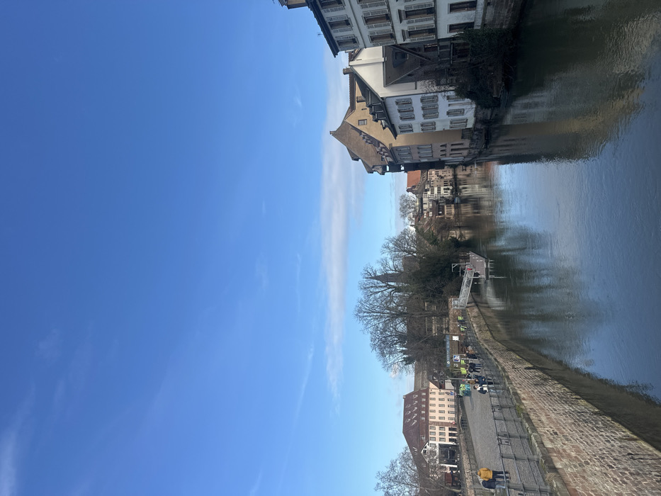 The image displays a daytime scene along a canal in the Petite France district of Strasbourg, France. The sky is clear blue with minimal, wispy white clouds.
A canal, likely a branch of the Ill River, occupies the central and lower portions of the frame, its calm surface reflecting the adjacent buildings and sky.
On the left side, a reddish-brown stone retaining wall with a dark metal railing borders a paved pedestrian walkway. A single individual in a yellow jacket walks away from the camera in the foreground on this path. Further along the walkway, a group of approximately five to seven people are observed. Beyond the walkway, an area with bare deciduous trees is visible, with a dark church spire rising above them in the midground. A white metal gangway or pier extends from the left bank into the canal.
The right side of the canal is lined with multi-story historic buildings featuring a mix of white, cream, and light yellow facades. These structures possess multiple windows, some fitted with white shutters, and are capped with steep, gabled roofs, some exhibiting dormer windows. A taller building with a distinct brown-tiled roof and an upper projection is prominent among them. Limited vegetation, appearing as dark bushes or vines, is present at the base of some buildings along the water's edge. No boats or vehicles are visible on the water or immediately adjacent to the banks.