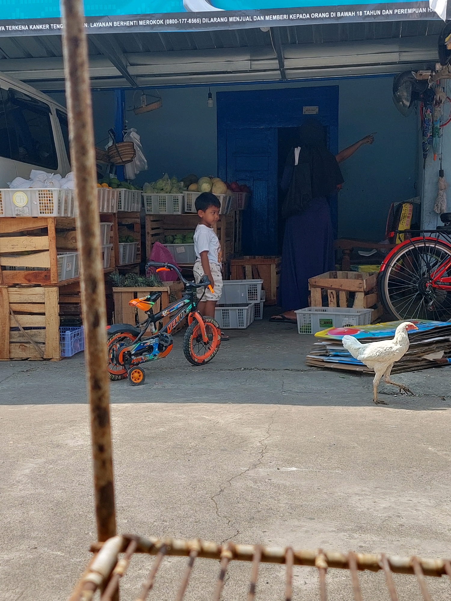 The image depicts an outdoor scene in what appears to be a market or small shop in Jogonegoro, Indonesia. In the foreground, a young boy stands next to a colorful children's bicycle. The bicycle is orange and black with training wheels. Behind the boy, a woman wearing a dark hijab and long blue dress points to the right. To the right of the woman is a red bicycle with a black rear wheel and fender. In the background, various crates and baskets are stacked, some filled with what appear to be fruits and vegetables. A white chicken is walking on the concrete ground in the lower right portion of the image. A white van is partially visible on the left side of the image. A banner with text in Indonesian is displayed above the storefront. The overall environment suggests a warm, sunny day.