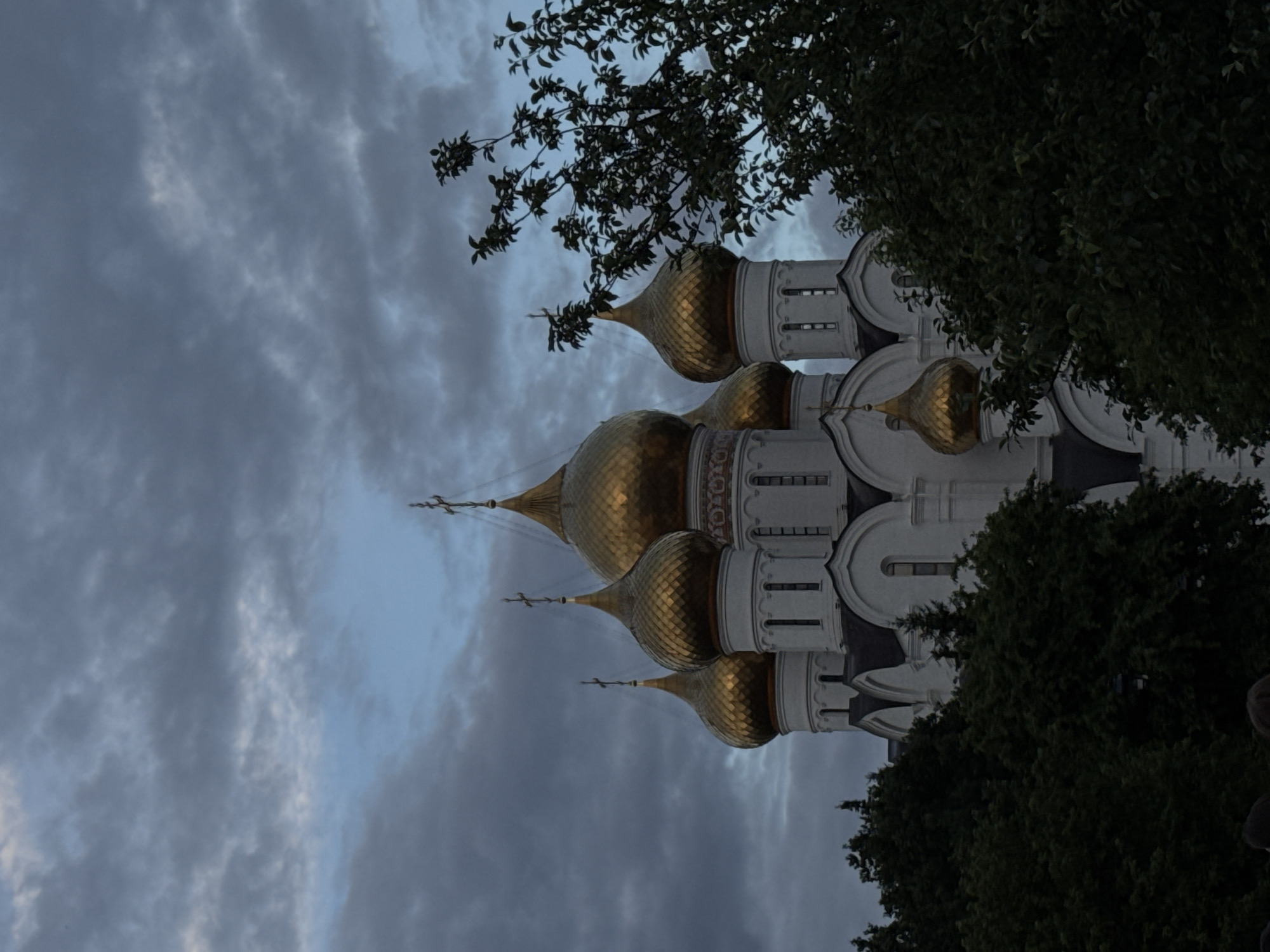 A low-angle, vertical shot captures the domes of a white Orthodox church against a dramatic, cloudy sky. The domes are a prominent golden color and are topped with crosses. The church architecture features multiple levels and arched windows. Dense green trees partially obscure the lower portion of the building and frame the right side of the image. The sky is filled with dark, moody clouds, with patches of lighter blue peeking through. The lighting suggests either early morning or late evening. The specific location is the city of Shebunino, Russia, and the scene depicts a religious building, suggesting a place of worship. No people are clearly visible in the image.